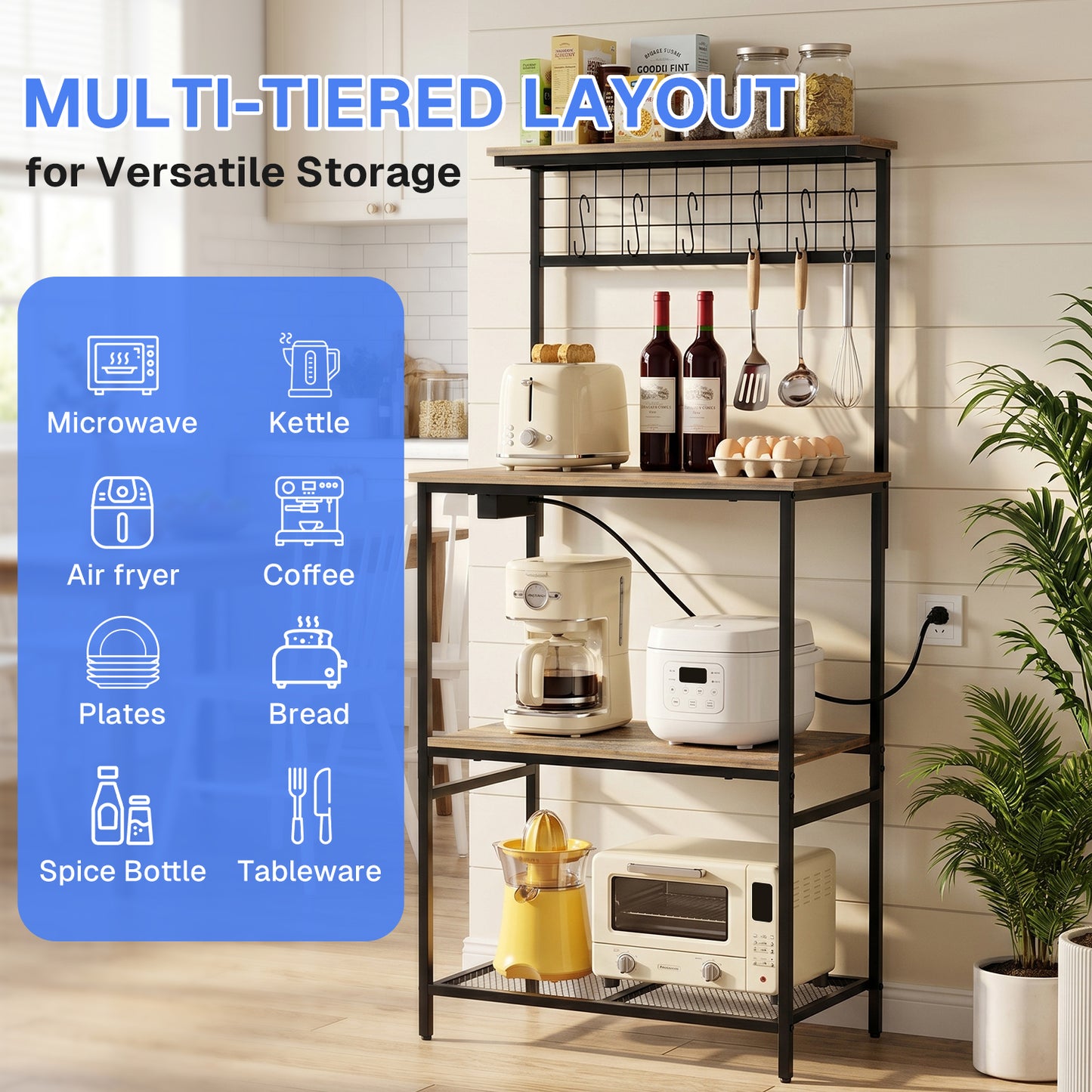 Behome Kitchen Bakers Rack with Power Outlet,Microwave Stand Station with 6 S Hooks,4 Tiers Kitchen Storage Shelf Rack for Kitchen, Dining Room,Living Room,Rustic Brown