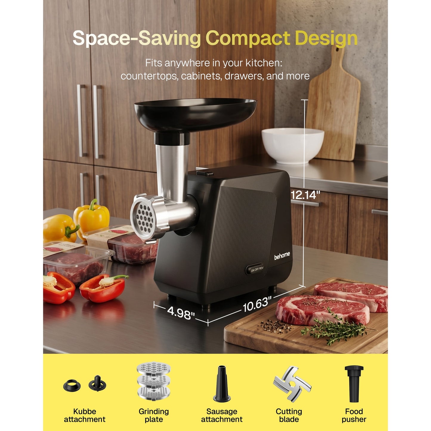 Behome Electric Meat Grinder, 2800W Max Heavy Duty Stainless Steel Meat Mincer, with 1 Blade, 3 Grinding Plates, Sausage Stuffer Tube & Kubbe Kit for Home Kitchen, Burgers & Meatballs