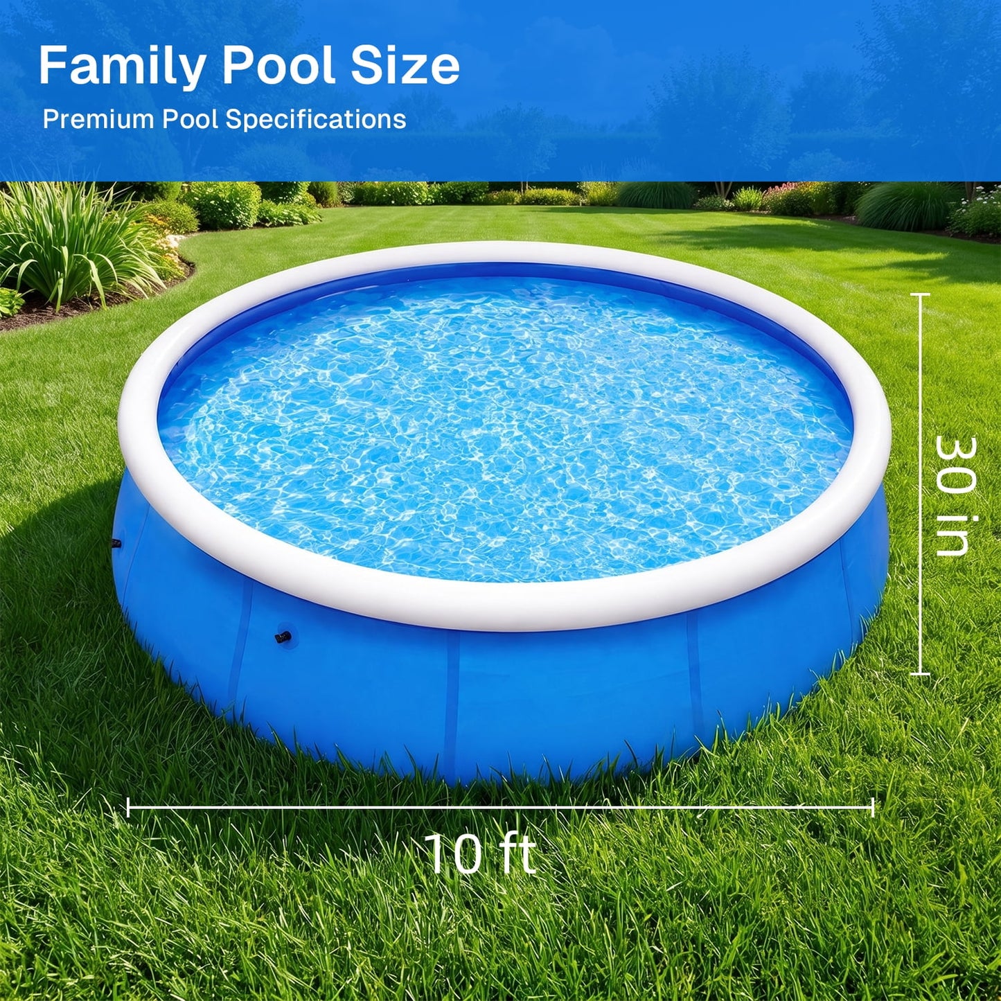 BN-LINK 10’ x 30” Above Ground Swimming Pool, Easy Set Up Inflatable Pool, Outdoor Above Ground Round Air Top Ring Pools for Kids and Family, Blue