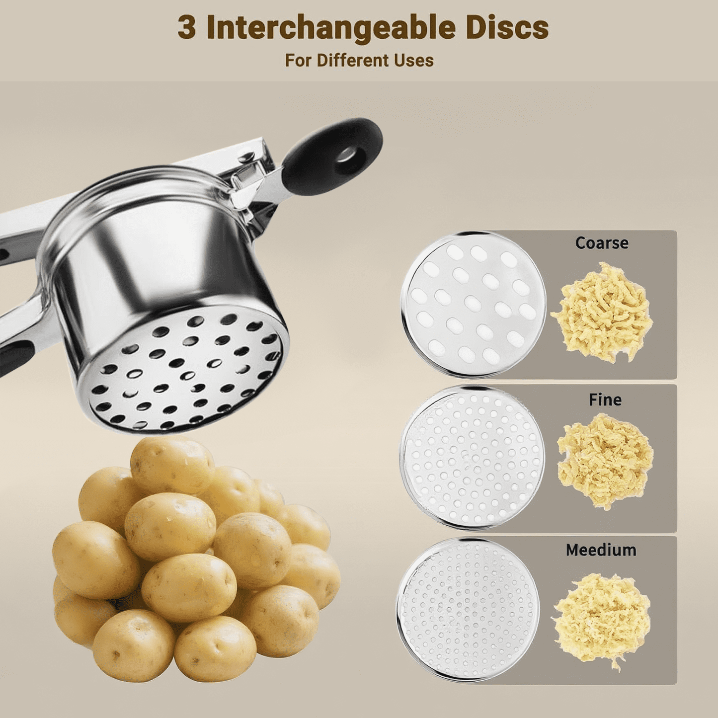 Behome Potato Ricer with 3 Interchangeable Discs, 15 oz Heavy Duty Stainless Steel Potato Masher and Ricer, Kitchen Gadget for Mashed Potatoes, Carrots