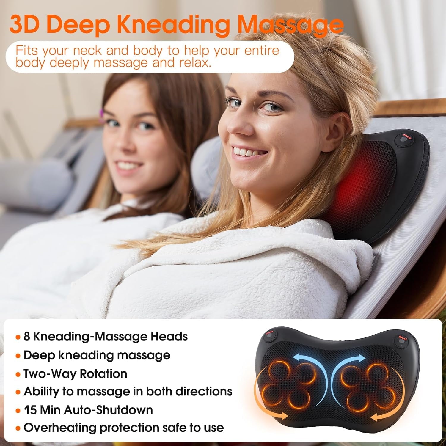 Behome Back and Neck Massager with Heat, Electric 3D Deep Kneading Tissue Massage Pillow for Chair & Car, Muscle Pain Relief on Shoulders, Legs, Foot, office and Home Use