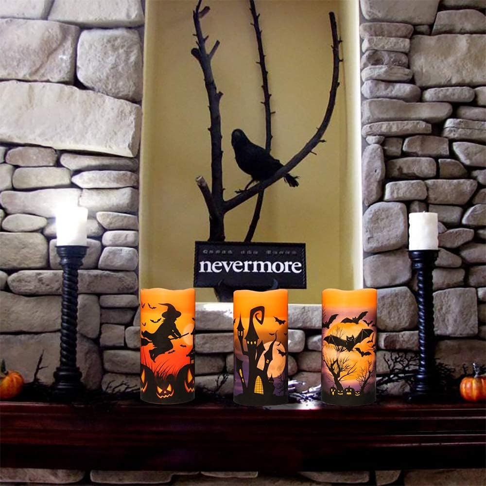 Behome Halloween LED Flameless Candles with Remote and Timer, Battery Operated, Real Wax Flickering Pillar Candles, Flat Wick & Dimmable Light, Castle Witch Bats Holiday Decor(3 Pack, 3 x 6 Inches)