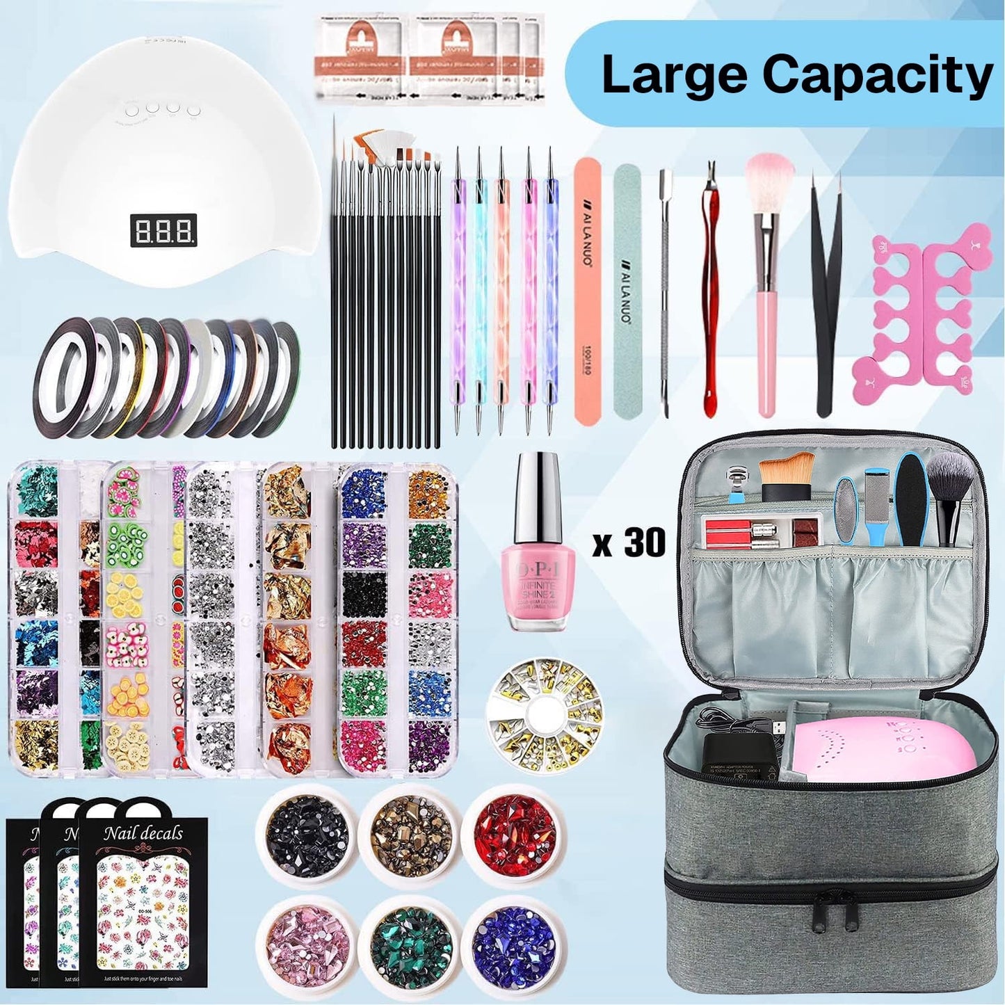 Behome Double Layers Nail Polish Organizer Bag, Nail Kit Organizer Holds 30 Bottles & Nail Lamp, Nail Polish Carrying Case with Manicure Tools Storage Sections, Grey