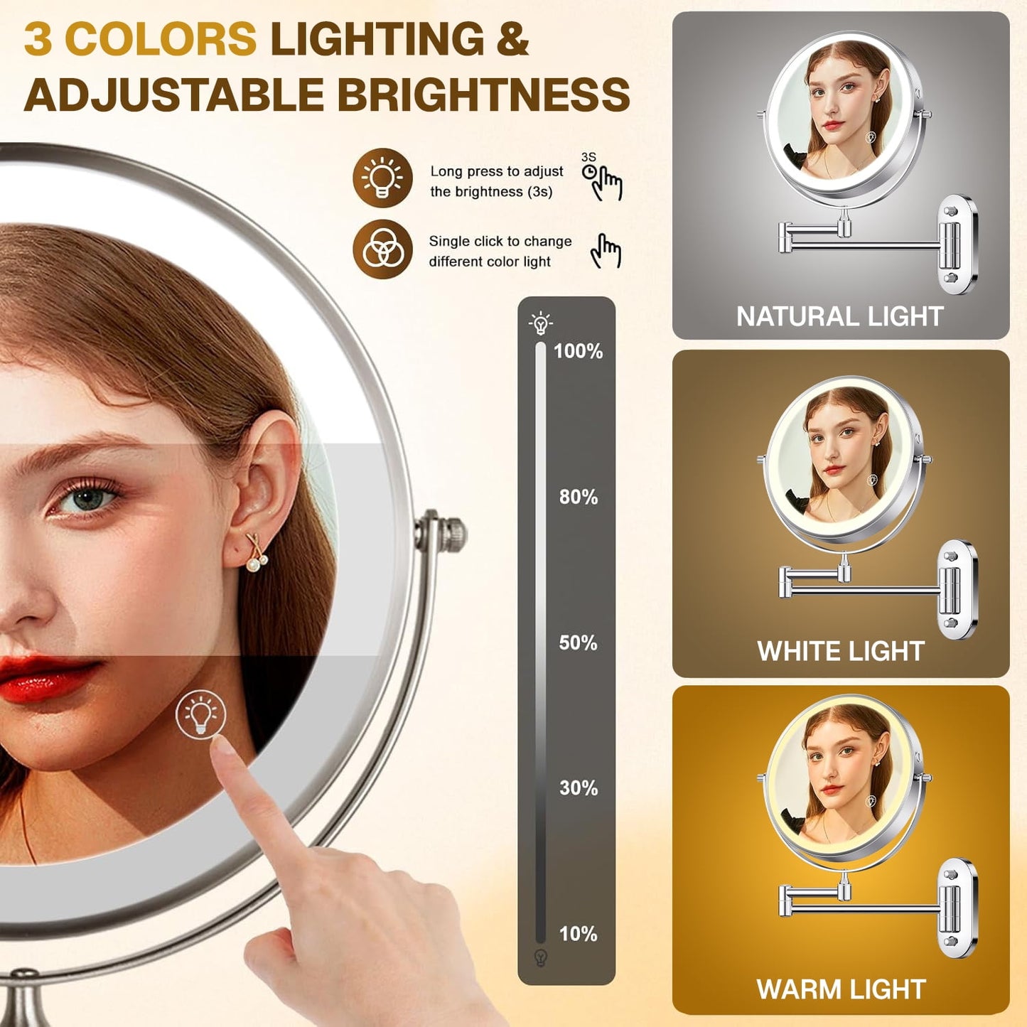 Behome Wall Mounted Lighted Makeup Mirror, 8" Rechargeable Double Sided 1X/10X Magnifying Mirror, 360°Rotation & 3 Color Lights Touch Screen Dimmable Vanity Mirror