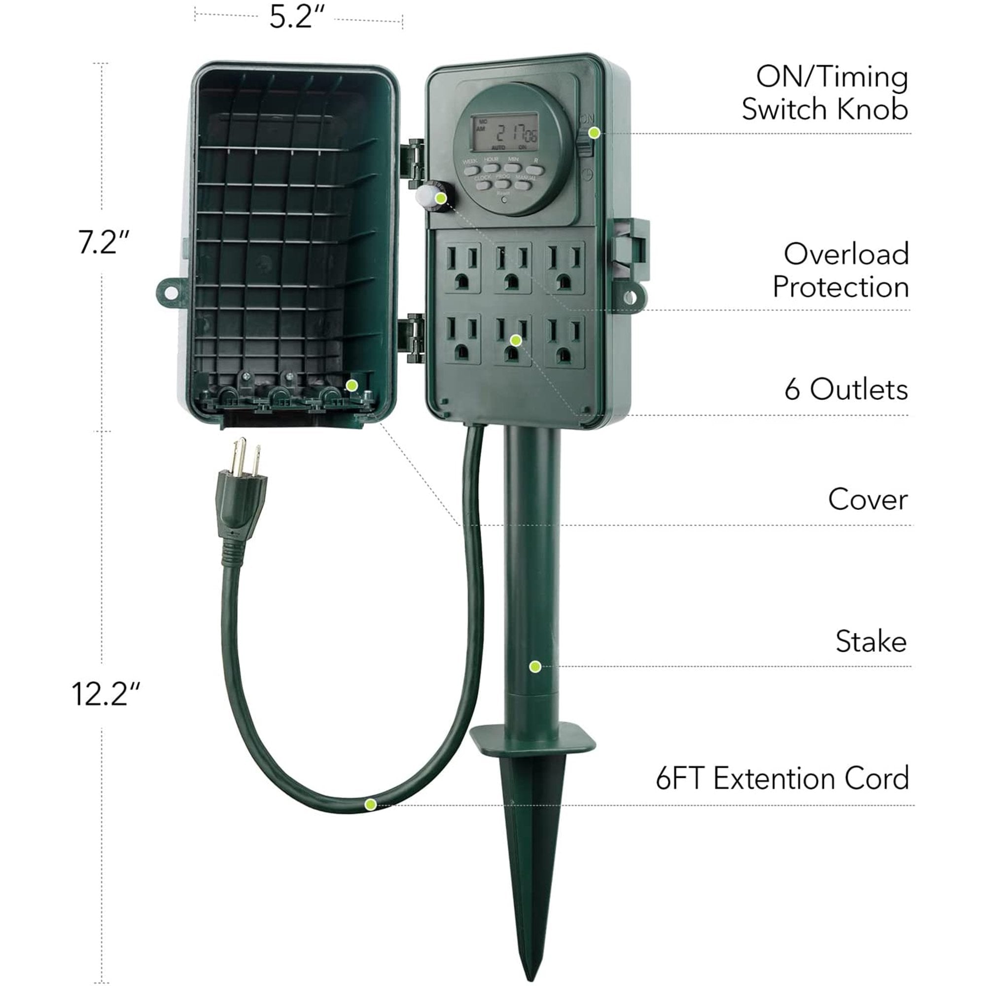 BN-LINK 7 Day Heavy Duty Outdoor Digital Stake Timer, 6 Outlets, Weatherproof, BNC-U3S, Perfect for Outdoor Lights, Sprinklers, Christmas Lights