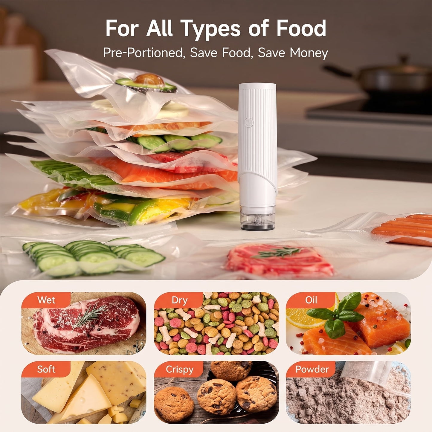 Behome Handheld Vacuum Sealer Machine, Cordless Low-Noise Vacuum Sealer for Food with 30 Reusable Vacuum Bags, Compact Food Sealer for Kitchen Storage & Meal Prep