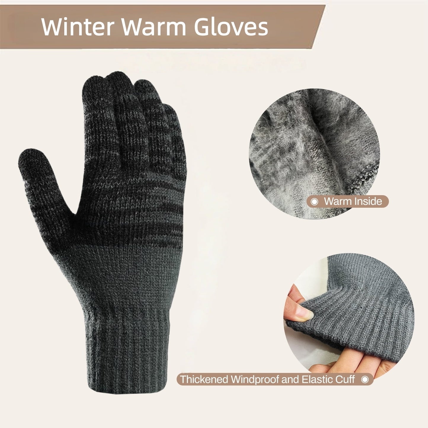 Behome Winter Gloves and Scarf Set, Knit Warm Long Neck Scarves Cap Gloves 3 in 1 Set for Men, Dark Gray