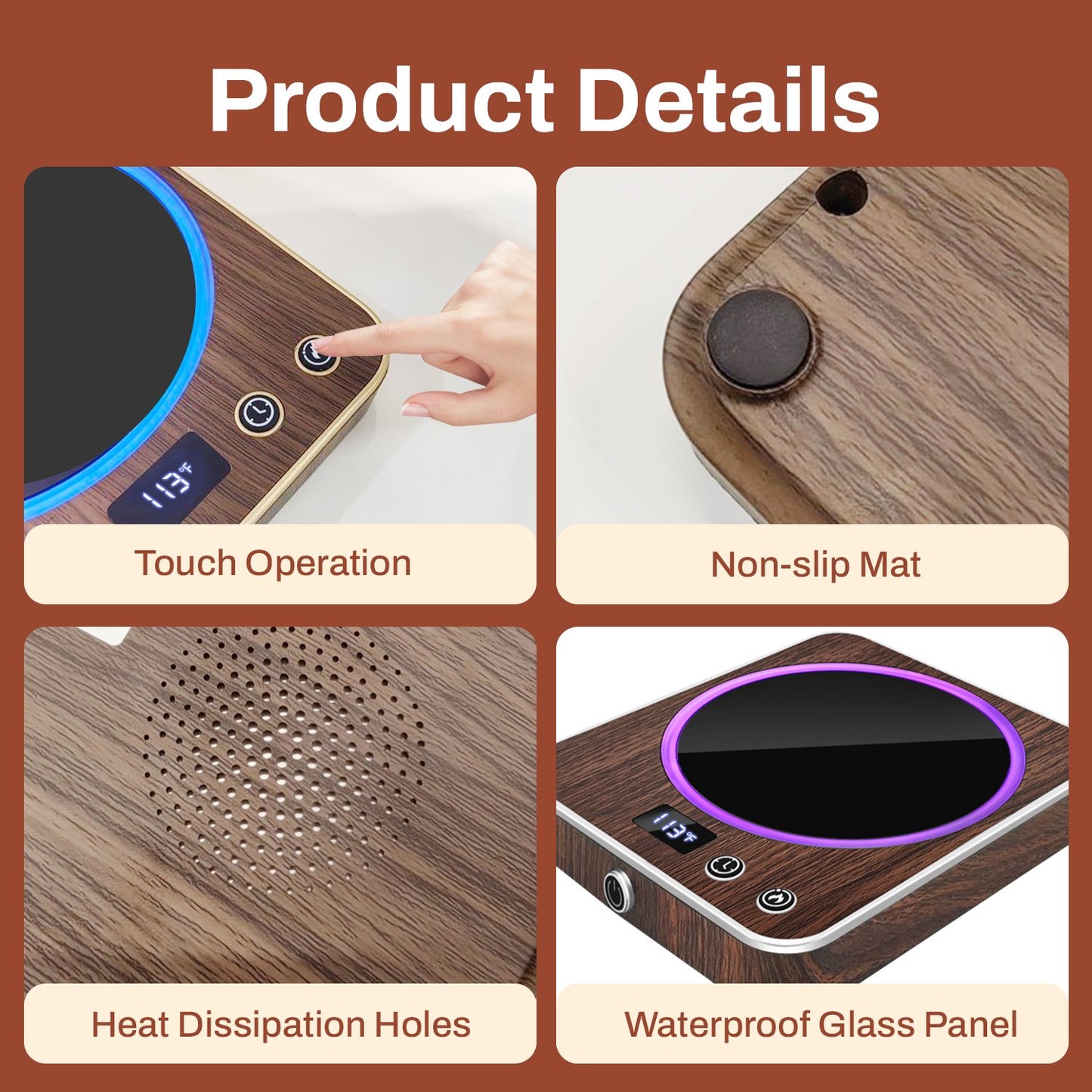 BN-LINK Coffee Mug Warmer with Light, Electric Cup Warmer for Desk with 3 Temperature Settings, Auto Shut Off, Beverage Warmer for Heating Coffee, Milk, Tea and Hot Chocolate(Wood Color)