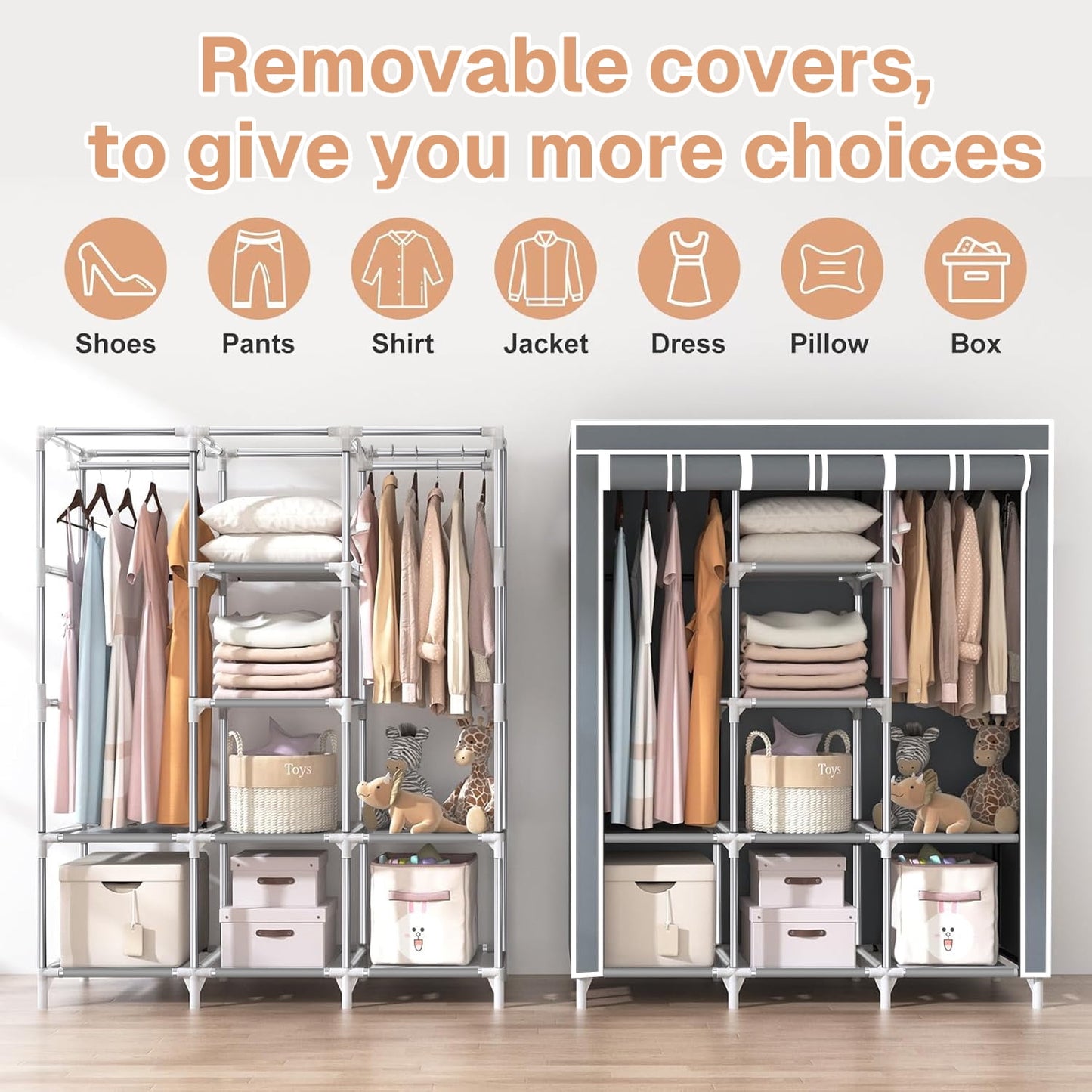 Behome Portable Closet Wardrobe, Wardrobe Closet Organizer with Non-Woven Fabric Cover, 8 Compartments, Large Clothes Storage Organizer, 51.2 x 17.7 x 67 Inches, Grey