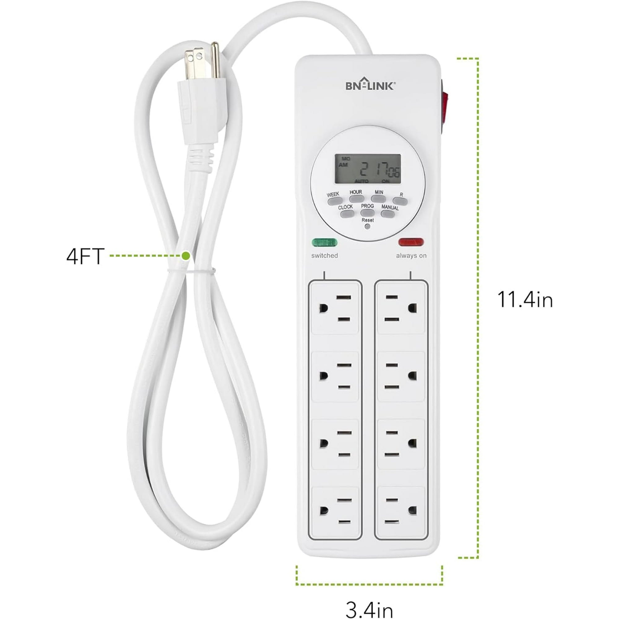 BN-LINK 8 Outlet Surge Protector with 7-Day Digital Timer (4 Outlets Timed, 4 Outlets Always On) - White