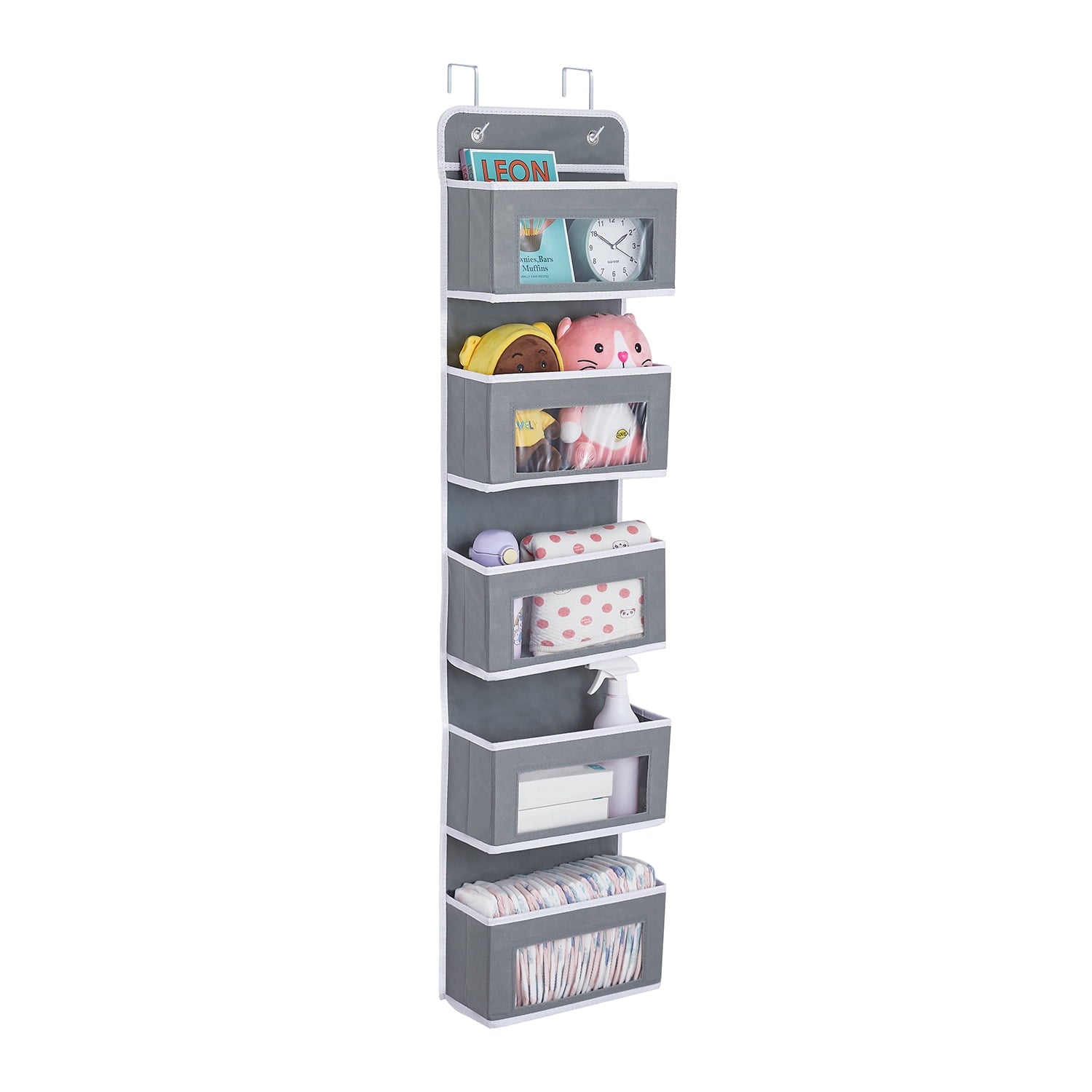 5-Shelf Over The Door Hanging Organizer with 2 Metal Hooks, Door Wall Mount Storage with Clear Windows for Pantry Nursery Bathroom Closet Dorm (Gray)