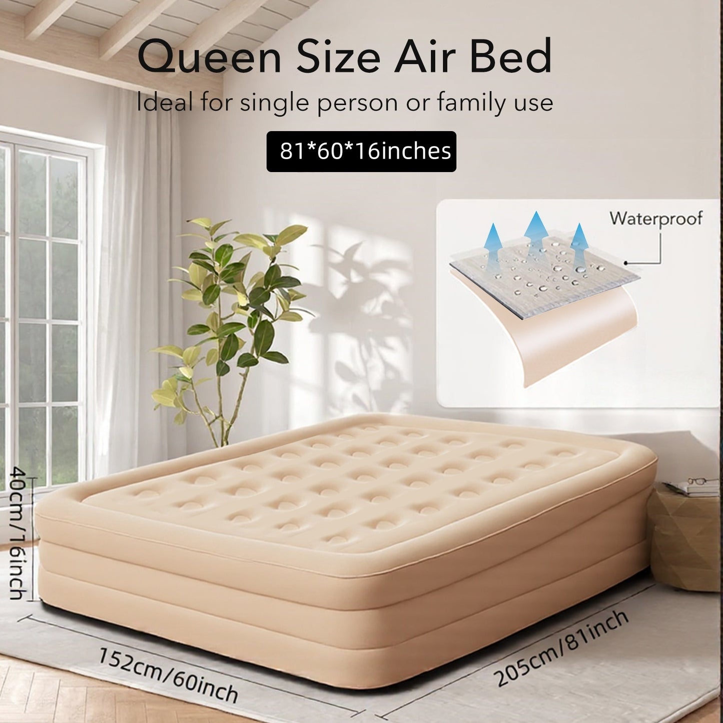BN-LINK Queen Air Mattress, Air Mattress with Built in Pump, Inflatable Air Mattress for Guests, Camping & Home, 770lb Weight Capacity, 81 x 60 x 16 inches, Khaki