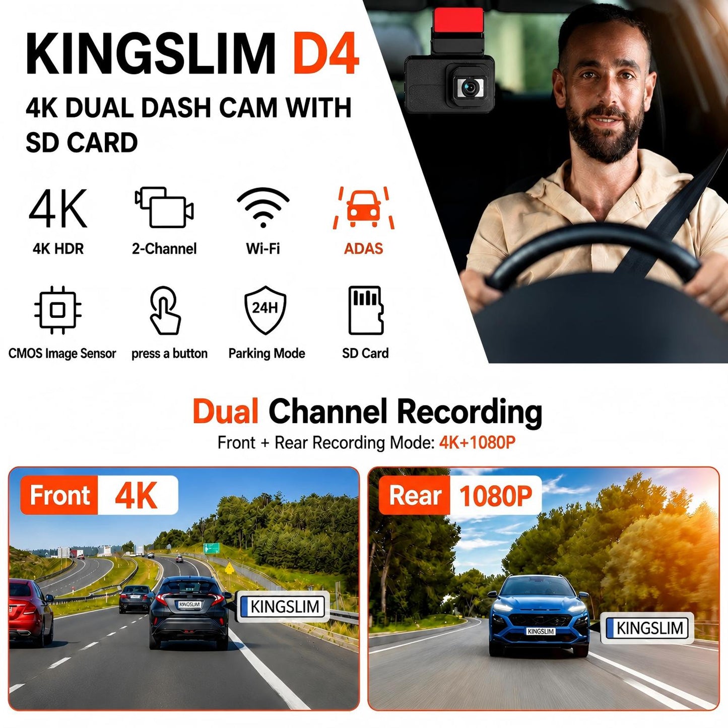 BN-LINK 4K Dual Dash Cam Front and Rear, Free 32GB Card Included, WiFi & ADAS Dash Camera for Cars, 170°Wide Angle, Super Night Vision, Loop Recording, G-Sensor, 24 Hours Parking Monitor