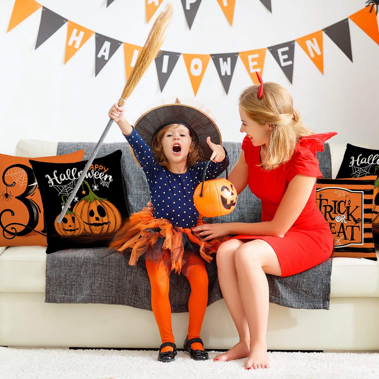 Behome 4 Pieces Halloween Pillow Case, 18 x 18 inch Orange and Black Pillow Cover, Happy Halloween Linen Decorative Cushion Covers for Home Halloween Decoration