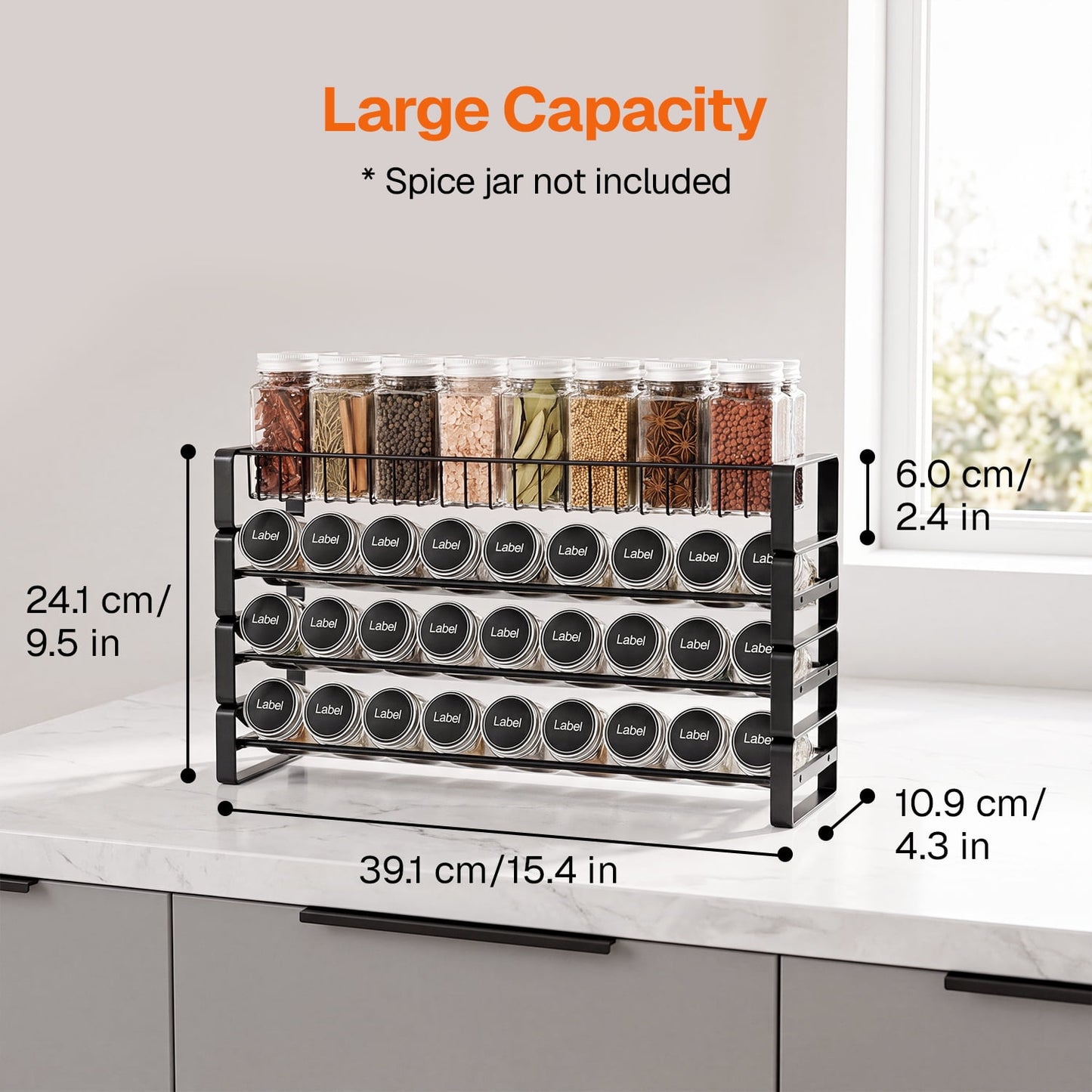 Behome 4 Tiered Spice Rack Organizer for Cabinet, Spice Seasoning Rack Organizer Without Jars, Metal Seasoning Storage Rack for Kitchen Countertop, Black