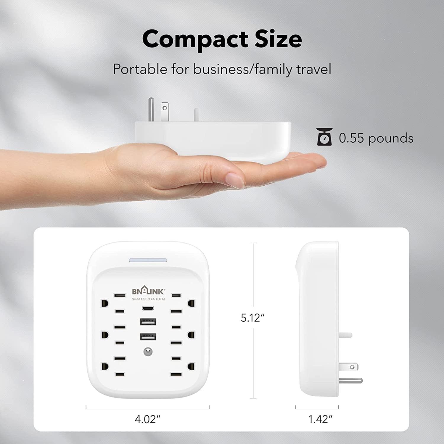 BN-LINK 1800J Outlet Extender,Multi Plug Outlet with 3 USB Wall Charger(2.4A per Port),6 Outlet Extender Surge Protector Multi Outlet Wall Plug for Home,School,Travel,Office