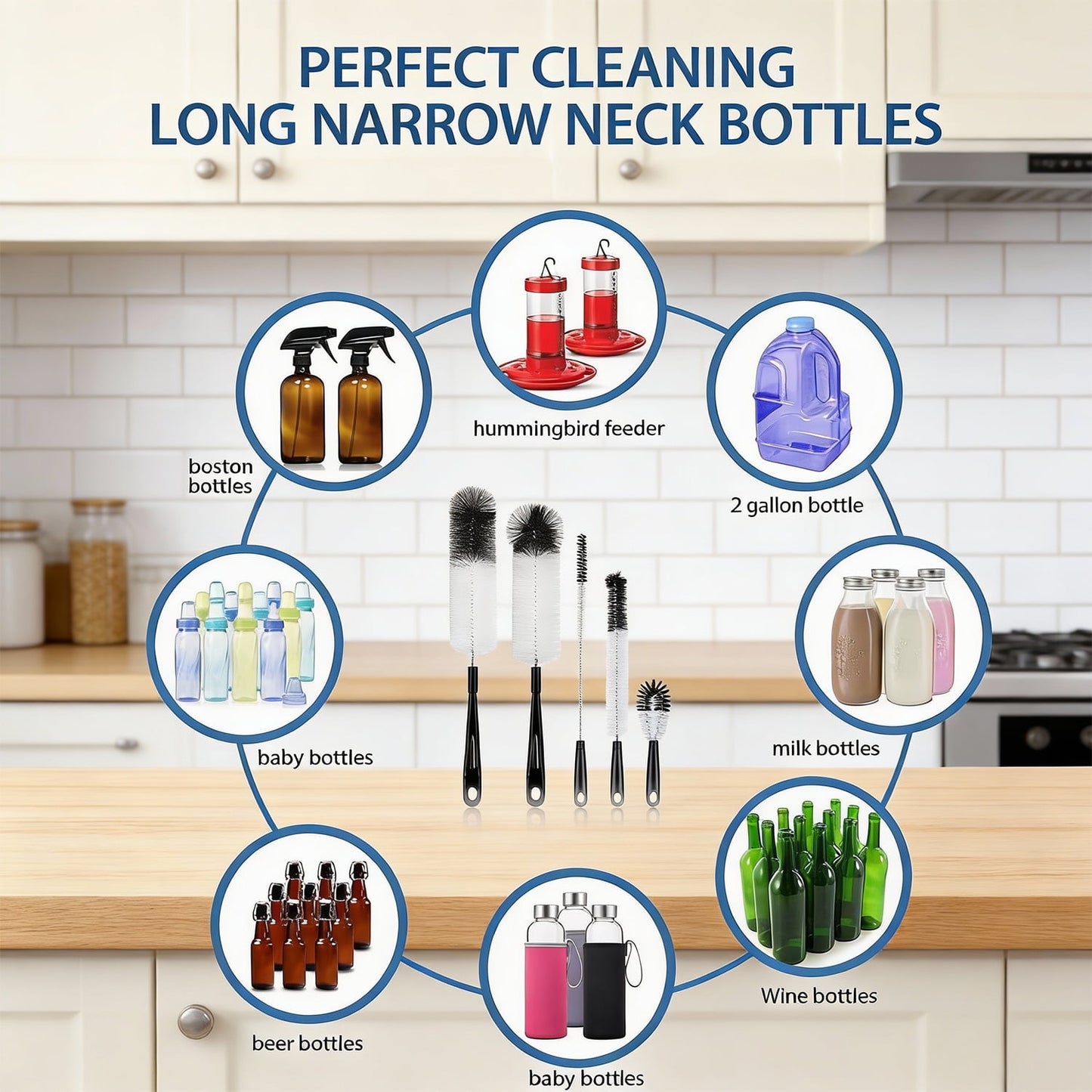Behome Bottle Brushes, 5Pcs Bottle Cleaning Brush Set, Reusable Pipe Cleaner Brushes, Small Brushes for Cleaning Narrow Neck Water Bottles Jars Teapot (White&Black)