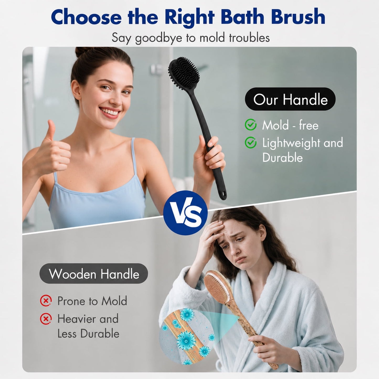 Behome Back Scrubber for Shower & Heart-shaped Shampoo Brush, Anti Slip Long Handle Bath Brush , Silicone Bath Accessory for Men & Women (Black)