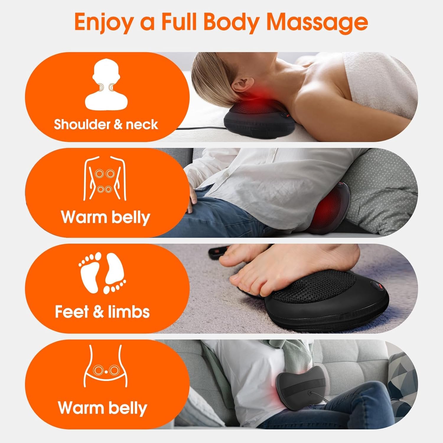 Behome Back and Neck Massager with Heat, Electric 3D Deep Kneading Tissue Massage Pillow for Chair & Car, Muscle Pain Relief on Shoulders, Legs, Foot, office and Home Use