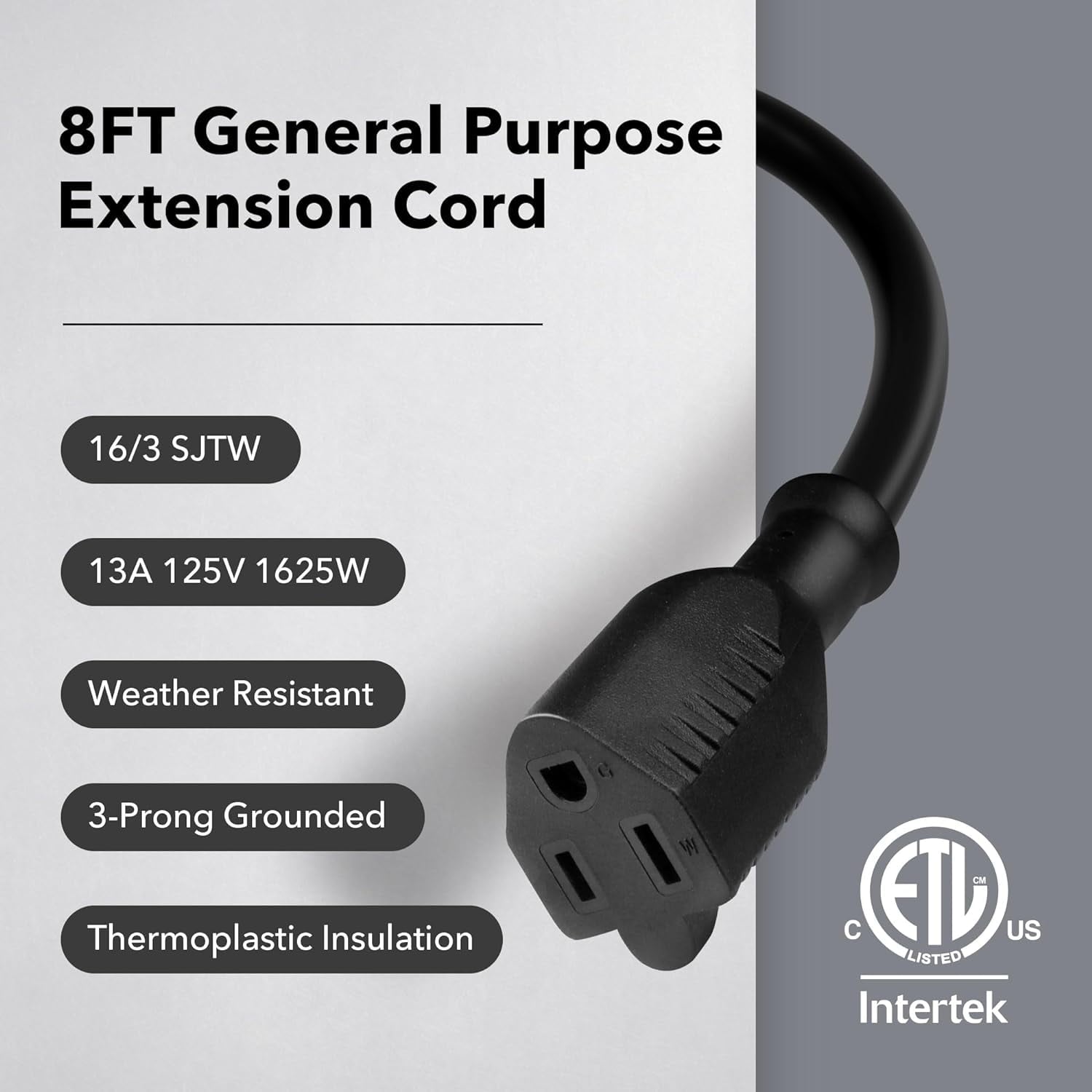 BN-LINK 8ft Indoor/Outdoor Extension Cord 16/3 SJTW, Black, Water & Weather Resistant, 3-Prong Grounded Plug for Landscaping & Holiday Decorations, Home & Office, 13A ETL