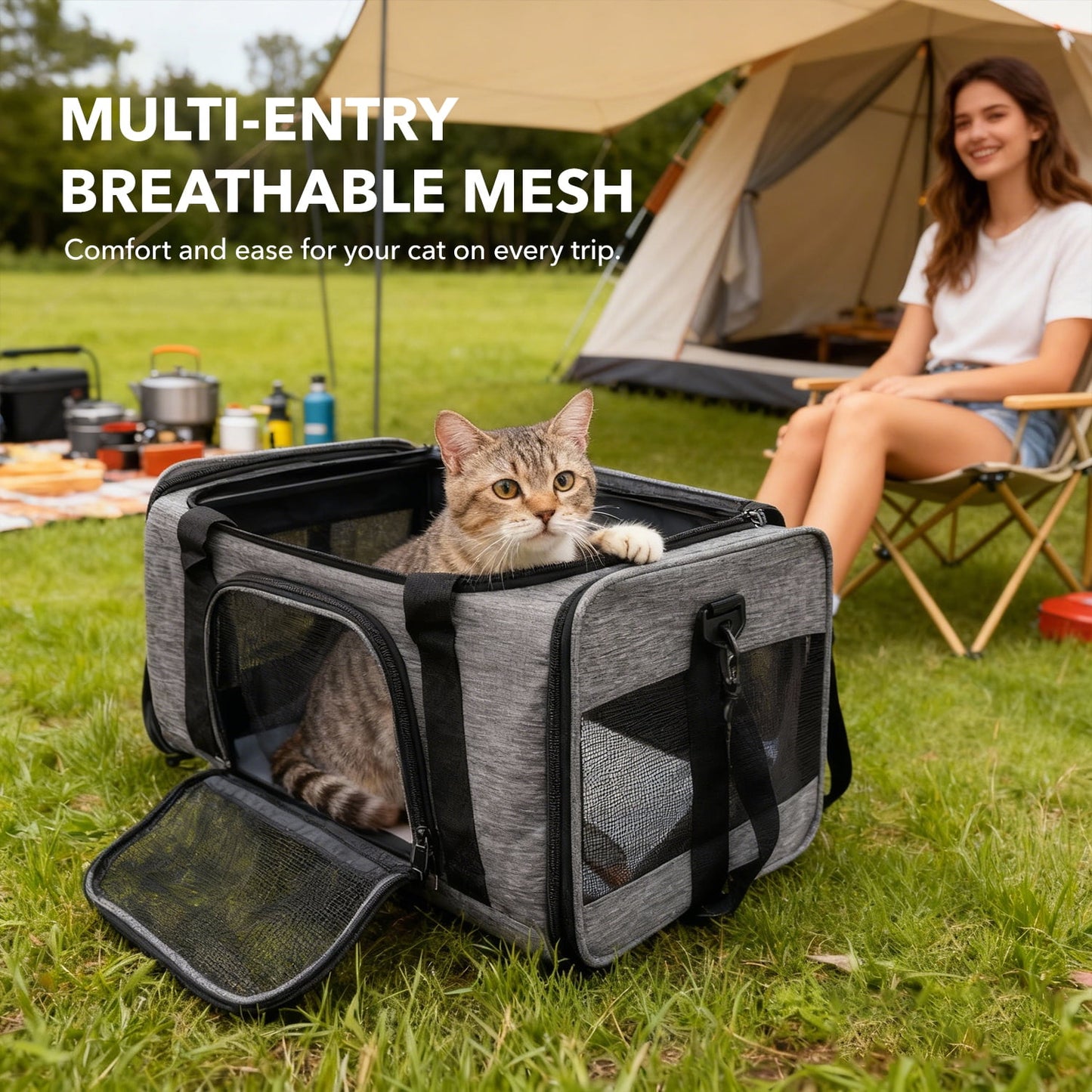 Behome Cat Carrier, Airline Approved, Collapsible Travel Pet Carrier for Small Cats & Dogs, Travel Bag with Adequate Ventilation & Removable Fleece Pad, Grey