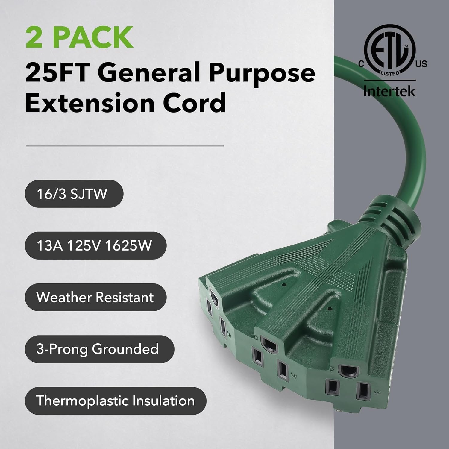 BN-LINK 2 Pack 25 ft 3 Outlet Lawn & Garden Outdoor Extension Cord 16/3 SJTW, Green, 3 Prong Grounded Plug