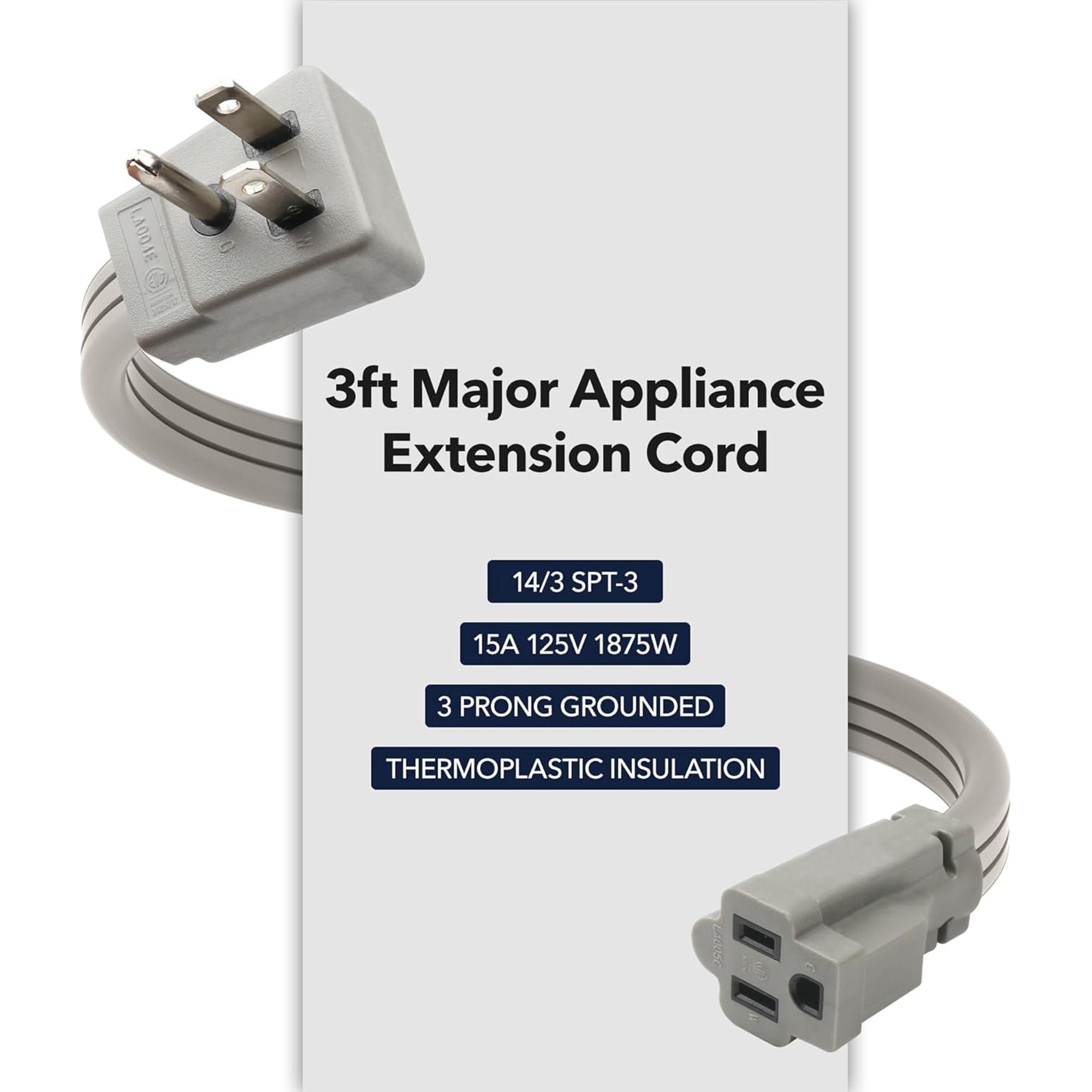 BN-LINK 3ft 14/3 Gray Air Conditioner/Major Appliance Indoor Extension Cord, Grounded Flat Plug, Perfect for AC Units and Major Appliances