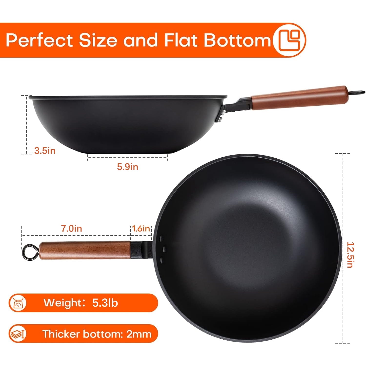 BN-LINK 12.5" Iron Wok Pan, Non-Stick Fry Pan With Domed Lid, No Chemical Coated, Flat Bottom Wok for Electric, Induction, Gas Stoves