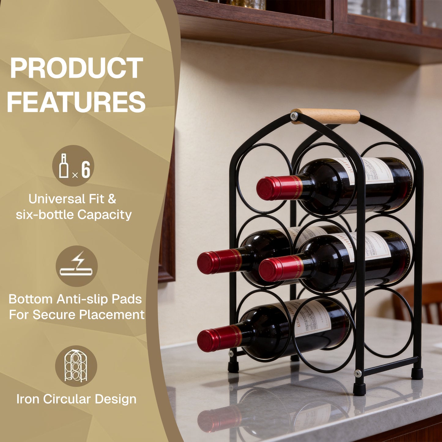 Behome Countertop Wine Rack, 6 Bottles Tabletop Metal Arched Wine Bottle Holder, Wood Handle, for Home Decor, Bar, Wine Cellar, Cabinet, Pantry, etc