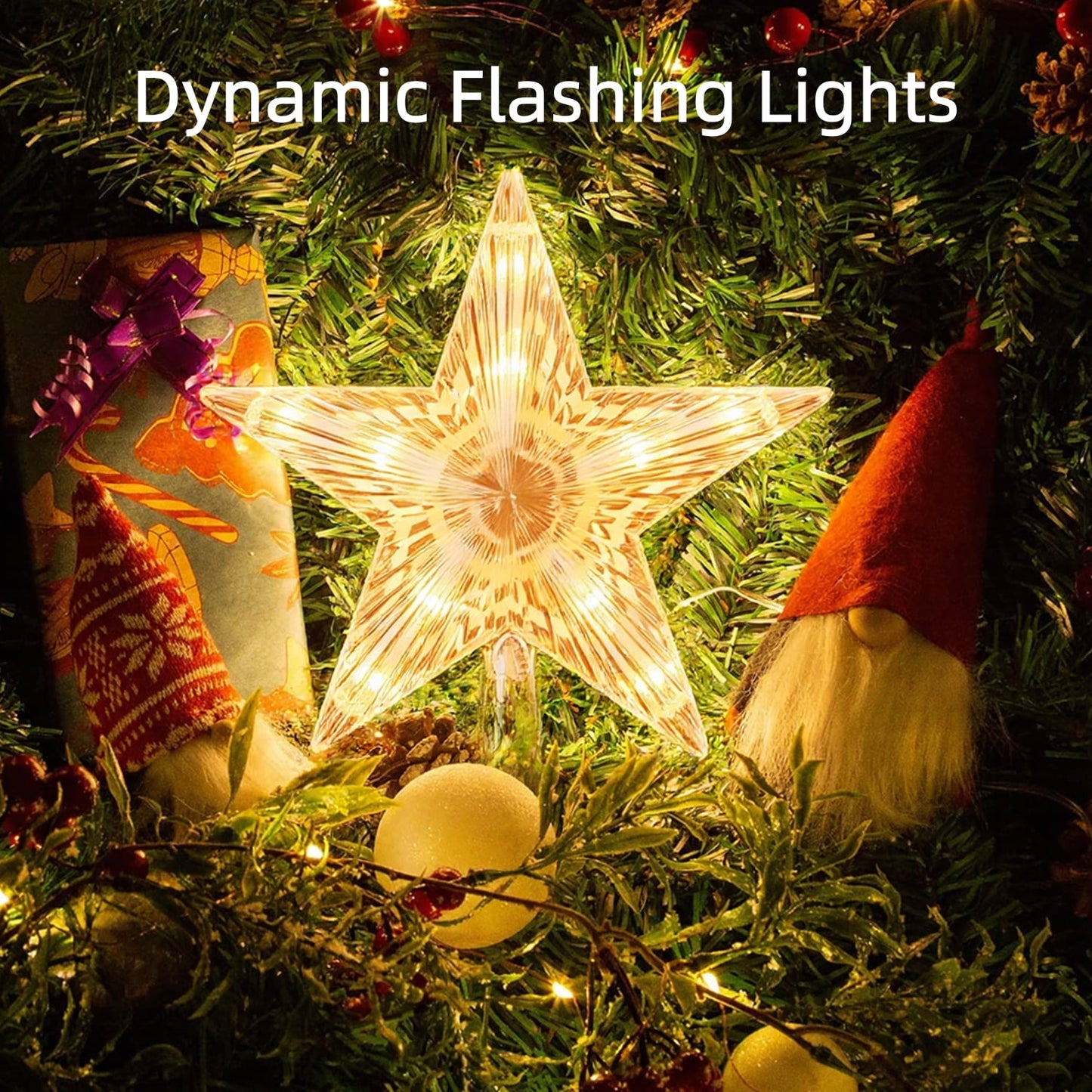 Behome Christmas Tree Topper, 8.7 Inch LED Lighted Star Tree Top, Warm White Light Christmas Tree Decor for Christmas Holiday Home, Clear