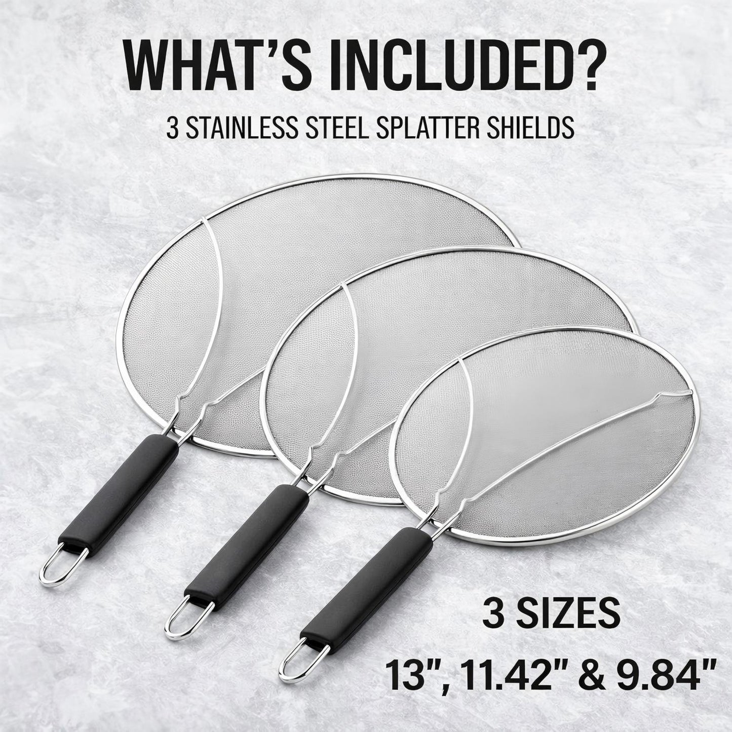 Behome 3 Pack Splatter Screen Set for Frying Pan, 13", 11.5", 9.5" Stainless Steel Grease Splatter Guard, Heat-Resistant Handle, Oil Splash Cover for Bacon, Fried Chicken & Cooking