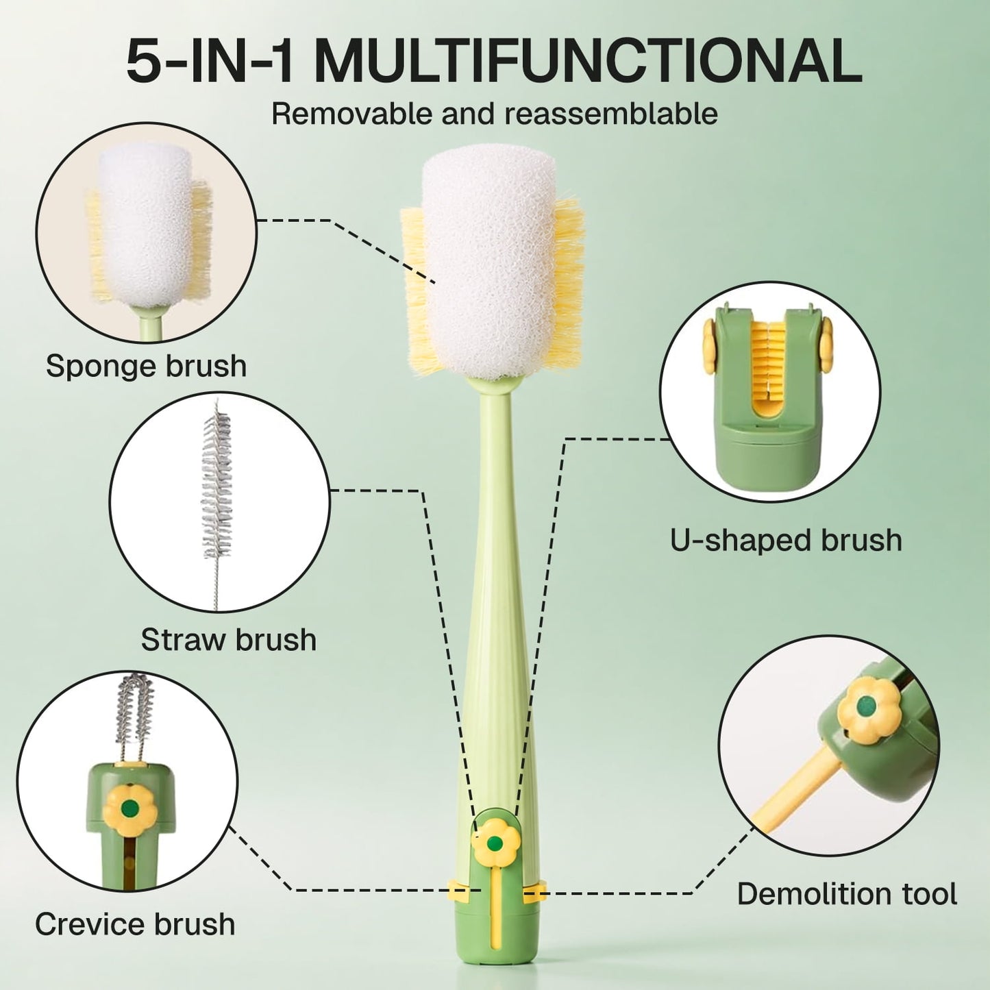 Behome 2 Pack Bottle Brush, 5 in 1 Multifunctional Bottle Brush Cleaner with Long Handle for Cleaning Cup, Water Bottles, Tumblers, Baby Bottles
