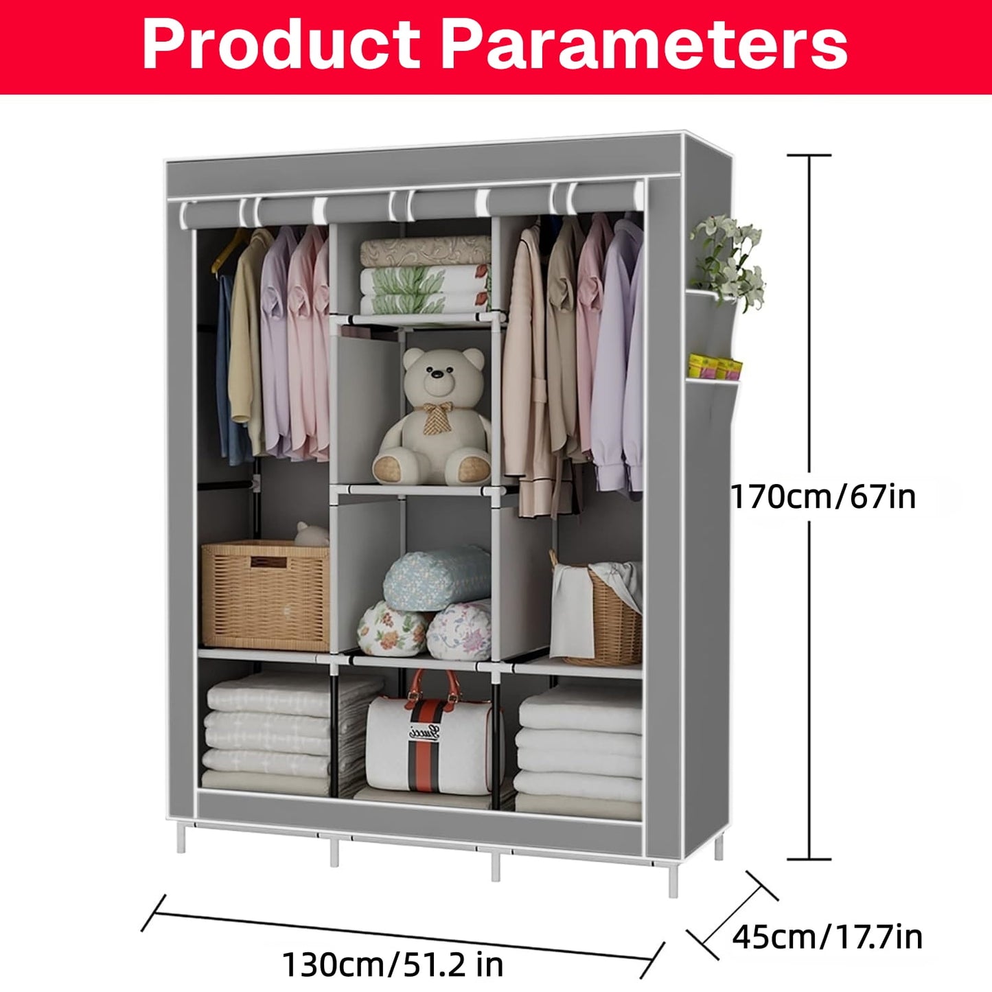 Behome Portable Closet Wardrobe, Wardrobe Closet Organizer with Non-Woven Fabric Cover, 8 Compartments, Large Clothes Storage Organizer, 51.2 x 17.7 x 67 Inches, Grey