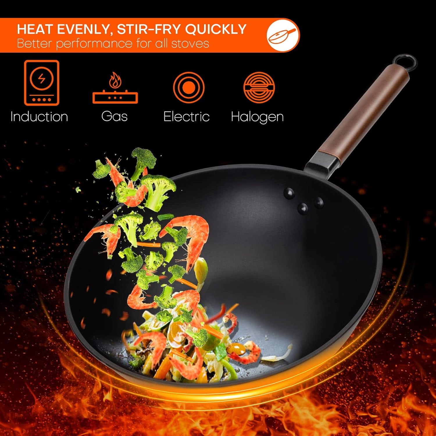 BN-LINK 12.5" Iron Wok Pan, Non-Stick Fry Pan With Domed Lid, No Chemical Coated, Flat Bottom Wok for Electric, Induction, Gas Stoves