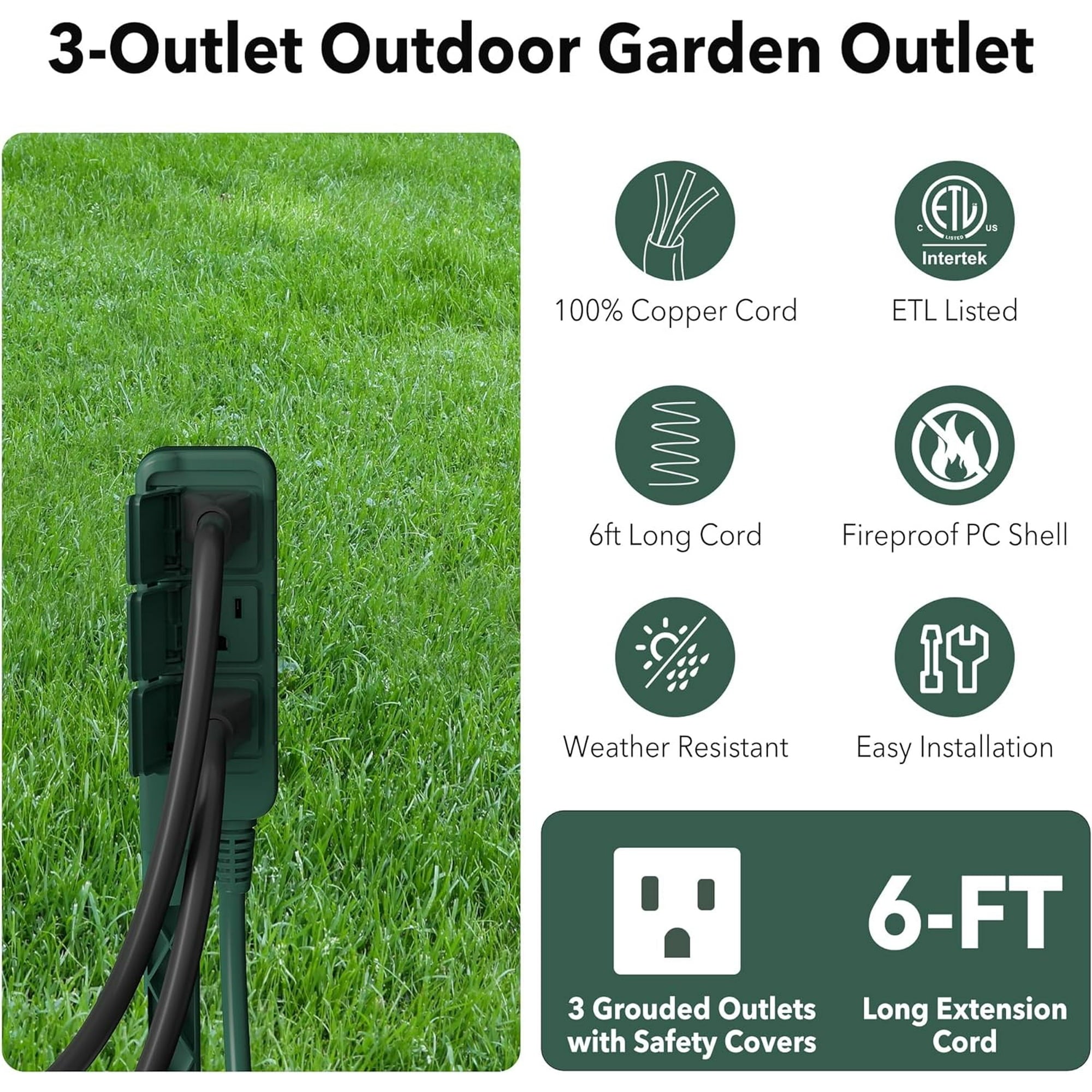 HBN Outdoor Power Stake Waterproof with 6FT Long Extension Cord, 3 Grounded Outlets Yard Power Strip with Protective Covers, Electrical Power Stake with Multiple Plug Socket for Garden Decoration