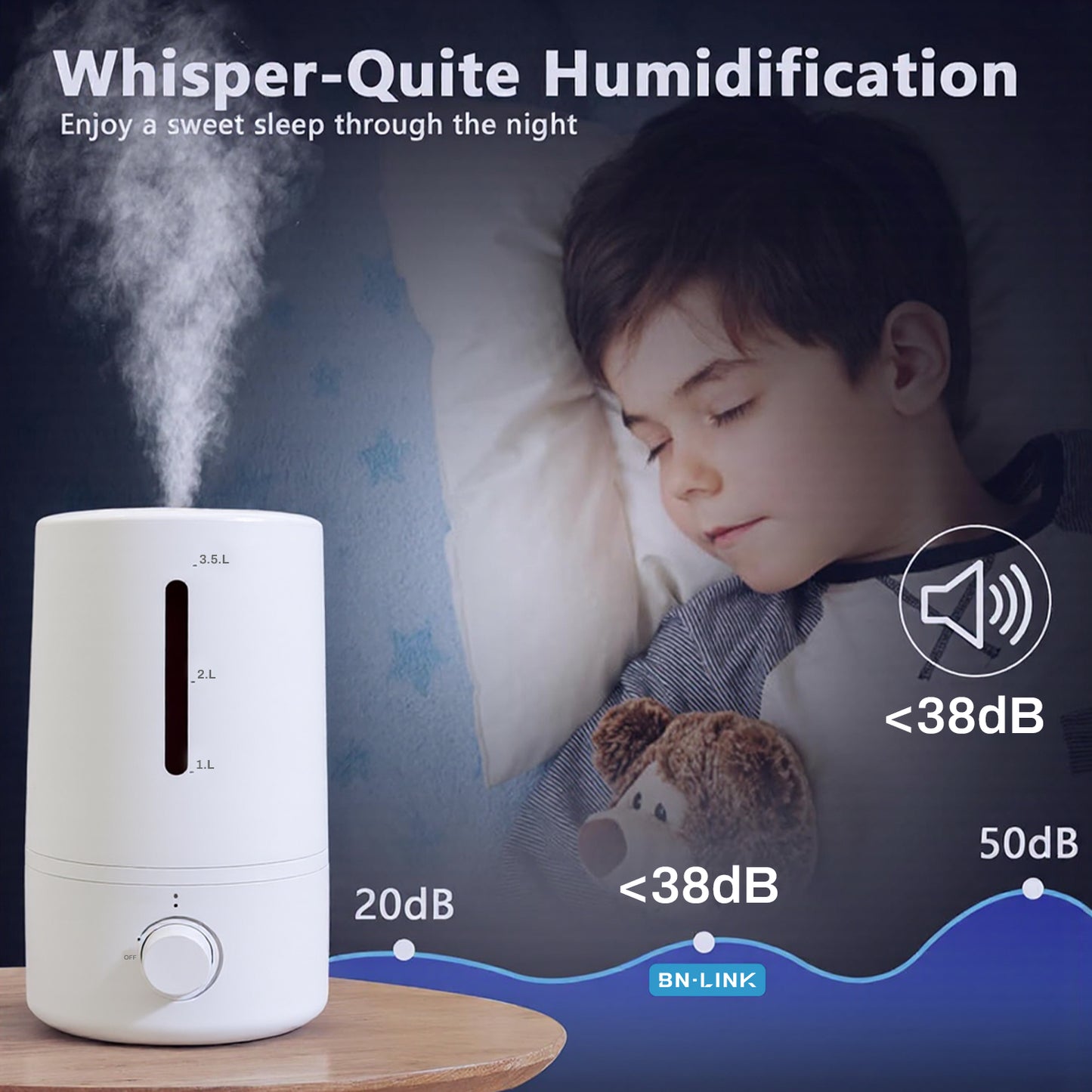 BN-LINK Humidifiers for Bedroom, 4L Water Tank and Stepless Adjustment, Quiet Cool Mist with 360°Nozzle, for Home, Plants, Indoor