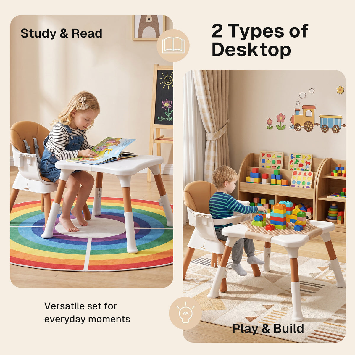 Behome 8 in 1 Baby High Chair, Convertible High Chairs for Babies and Toddlers, Infant Dining Booster Seat, Building Block Table, Kids Stool Table Chair Set with Removable Tray