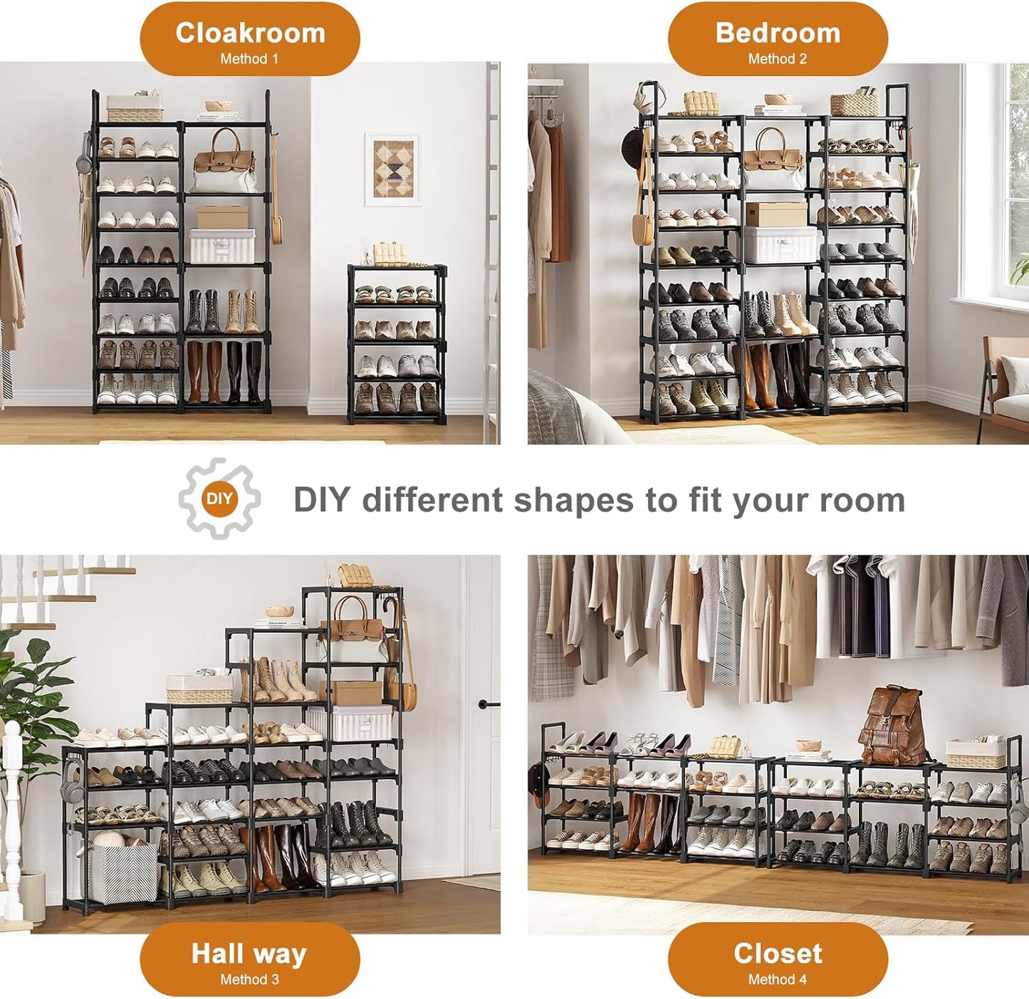 Behome 9-Tier Metal Shoe Rack, Tall Large Shoe Rack Storage Organizer with Hooks, Shoe Shelf for Entryway, Closet, Bedroom, Living Room, Black