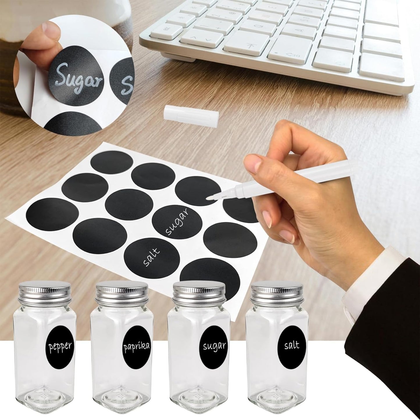 Behome 24 Pcs Glass Spice Jars with Spice Labels, 4oz Empty Square Spice Bottles with Shaker Lids, Airtight Caps, Funnel, Chalk Pen, Seasoning Bottles for Spice Rack, Drawer, Cabinet