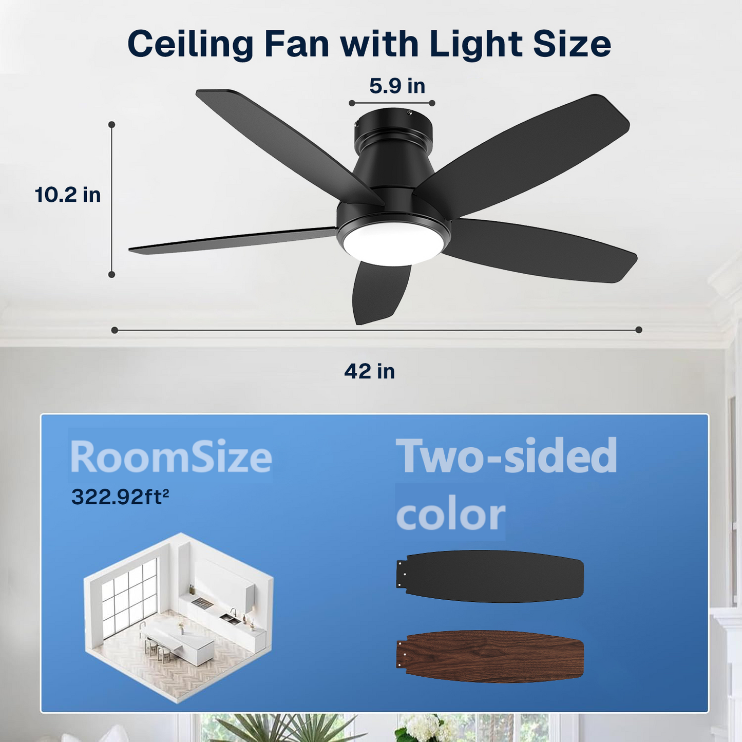 Behome 42" Ceiling Fan, Low Profile Ceiling Fans with Lights and Remote/APP Control, Double-sided Fan Blades, Flush Mount, 6 Speeds & Reversible, 3CCT, Dimmable, Noiseless, for Bedroom, Living Room