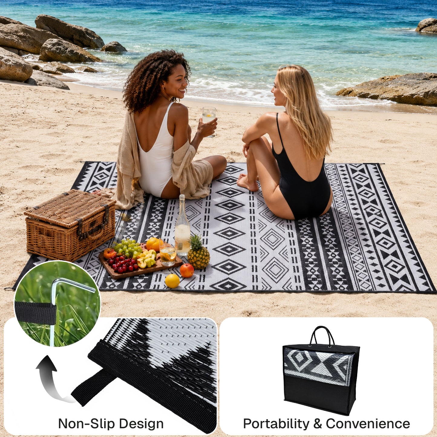 BN-LINK 6' x 9' Waterproof Outdoor Rug with Storage Bag, Reversible Plastic Straw Large Area Rug, Easy-Cleaning Modern Floor Mat for Outdoors, RV, Patio, Backyard, Deck, Picnic, Beach