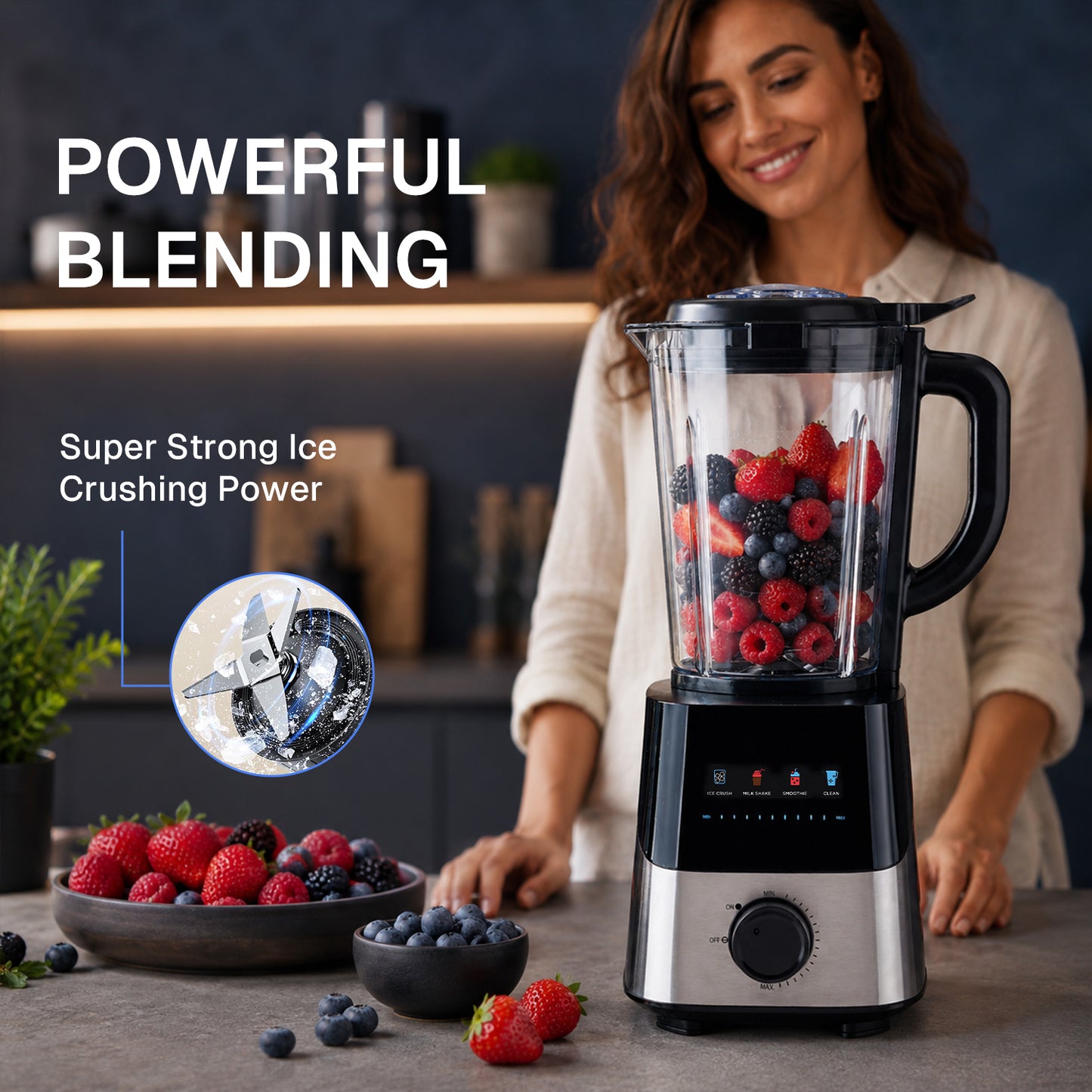 Behome Blender with Grinder, Stepless Speed & 4 Functions, 1200W Blender for Smoothies with 50 Oz Glass Jar, Self-Cleaning Blenders for Kitchen, Black