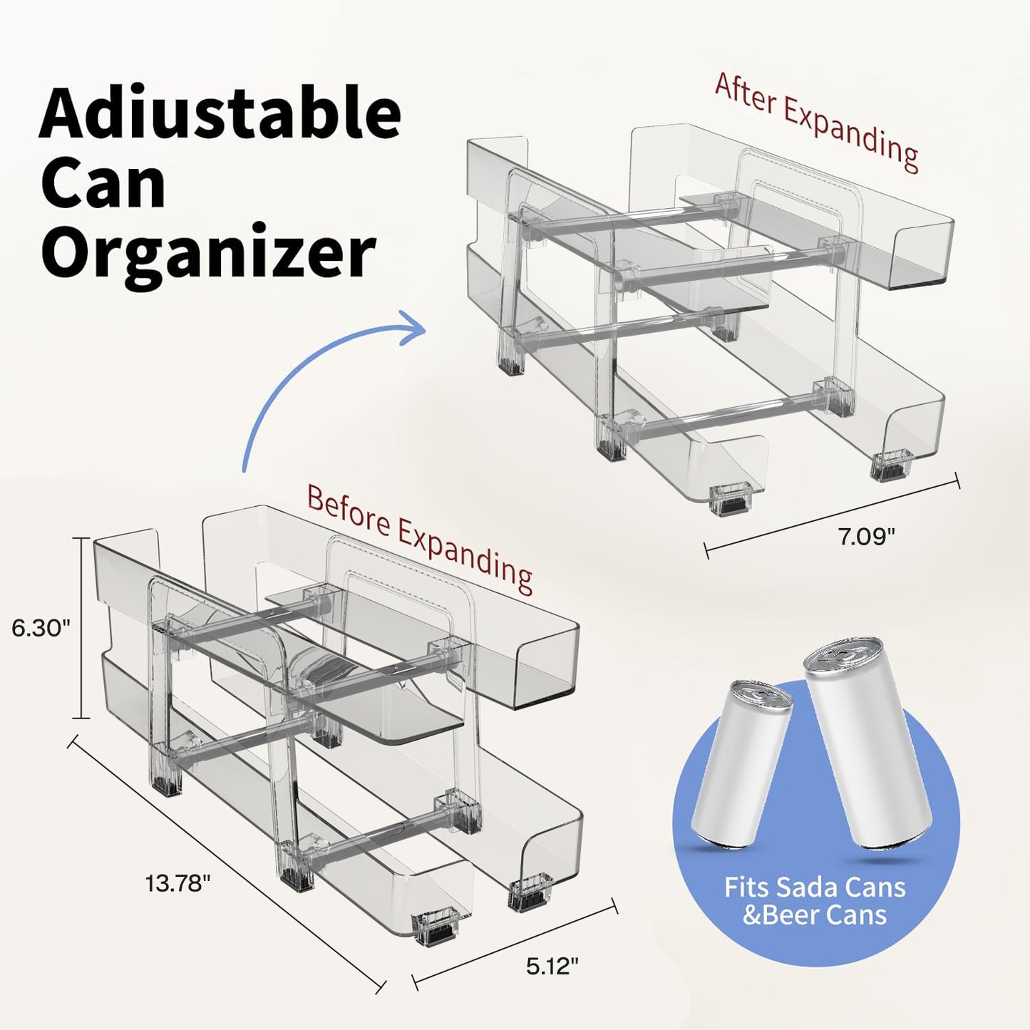 Behome 2 Pack Soda Can Organizer, Width Adjustable Soda Can Dispenser, Expandable Clear Drink Organizer for Refrigerator, Kitchen, Pantry