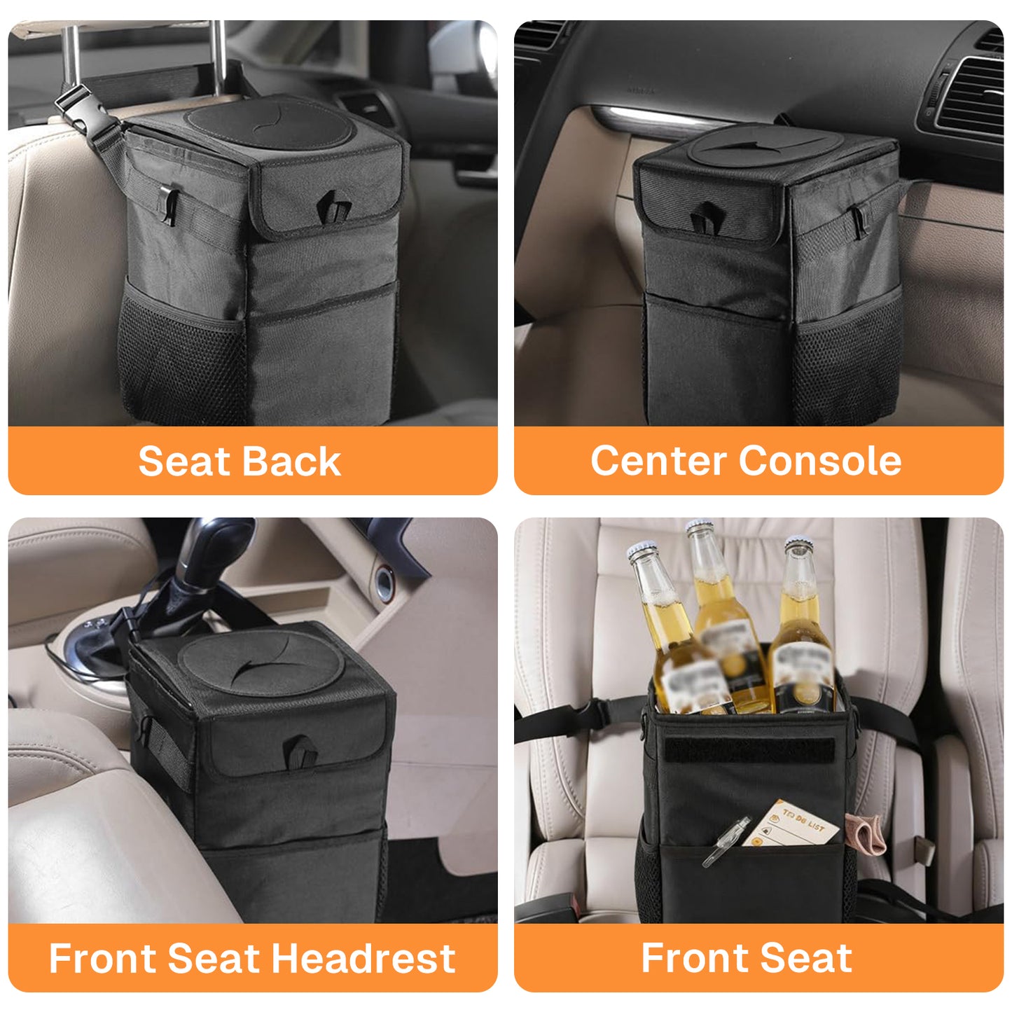 BN-LINK Car Trash Can with Lid, Leak-Proof & Waterproof Car Garbage Can with Storage Pockets, Hanging Auto Trash Bin for SUV, Truck & Back Seat Organizer, Black