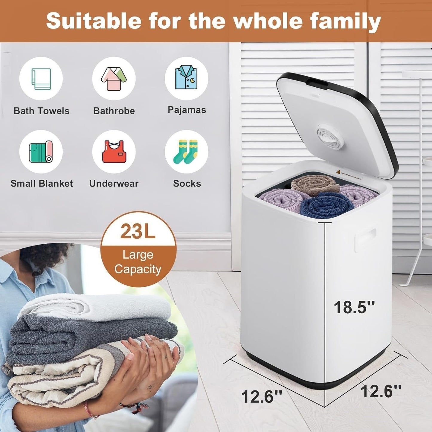 Behome Tower Warmer, 23L Large Hot Towel Warmers Bucket with LED Display, Auto Shut Off, Child Lock, Heat Timer 20/40/60 Min Adjustable, for Hot Tub, Bathroom, Spa, White