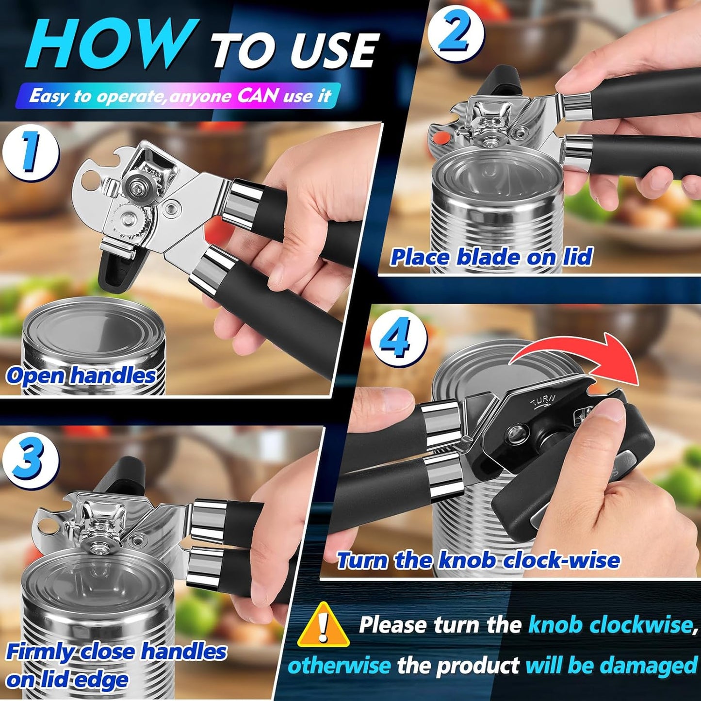 Behome Can Opener with Bottle Opener, Heavy Duty Manual Can Opener with With Turn Knob & Soft Handle, for Kitchen Seniors Friendly, Black