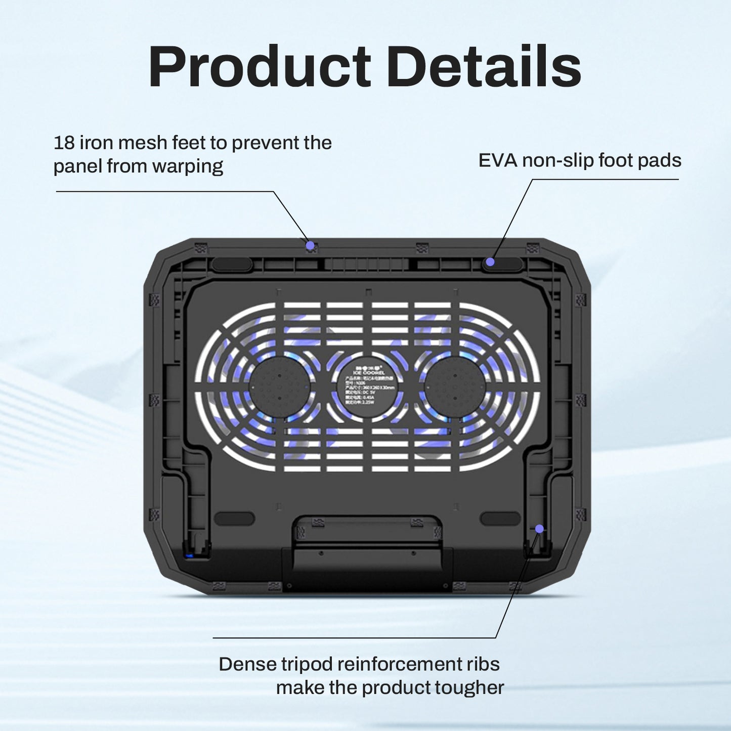 Behome Laptop Cooling Pad, 5 Heights & Stepless Adjustable Speeds, Quiet Gaming Laptop Cooler with Blue Lights, Portable Two USB Ports Laptop Cooler for 12"-15.6" Laptops, Black