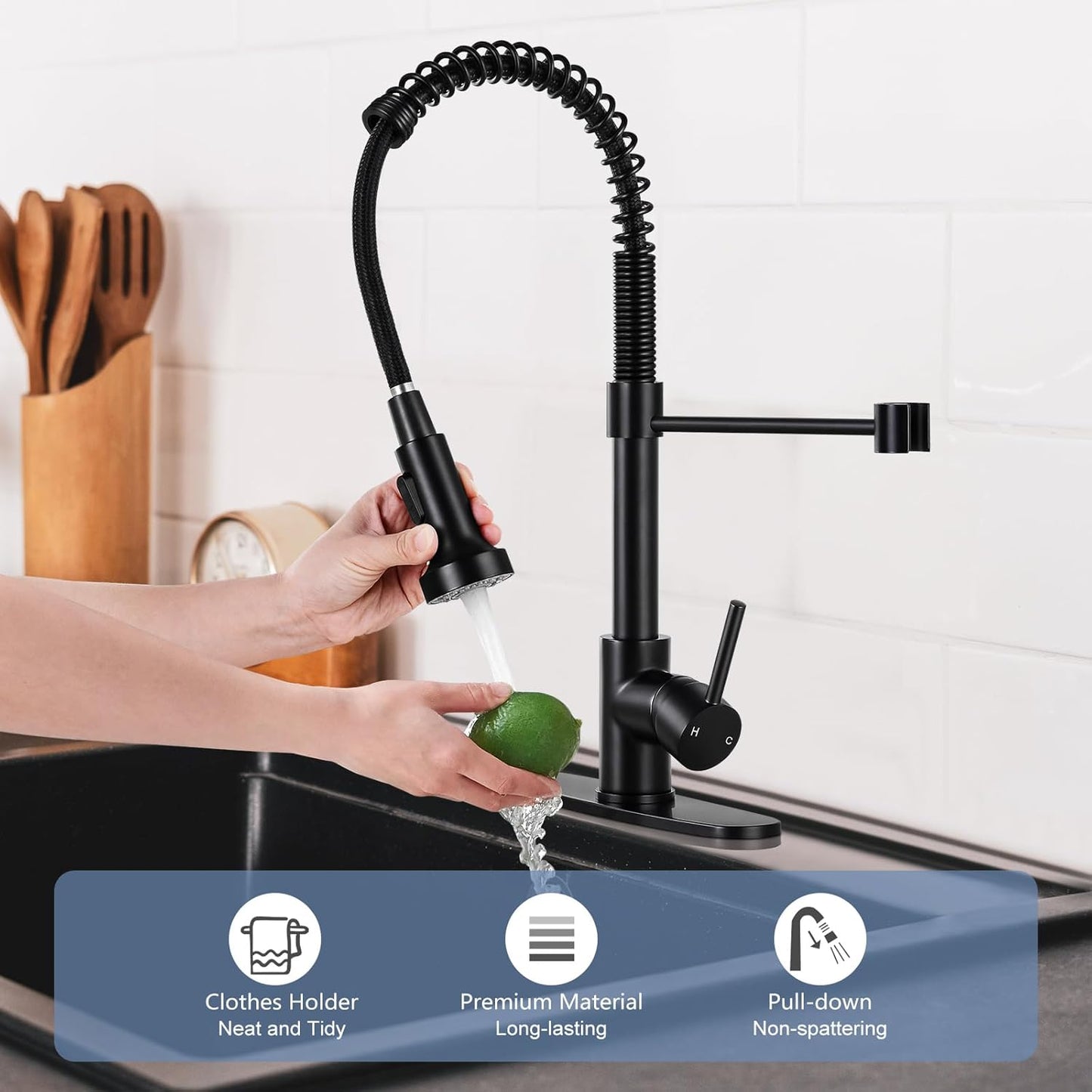 Behome Kitchen Faucet with Pull Down Sprayer, Stainless Steel Single Handle Spring Kitchen Sink Faucet with 2 functions, Pull Out Sink Faucets for Farmhouse Camper Laundry, Black