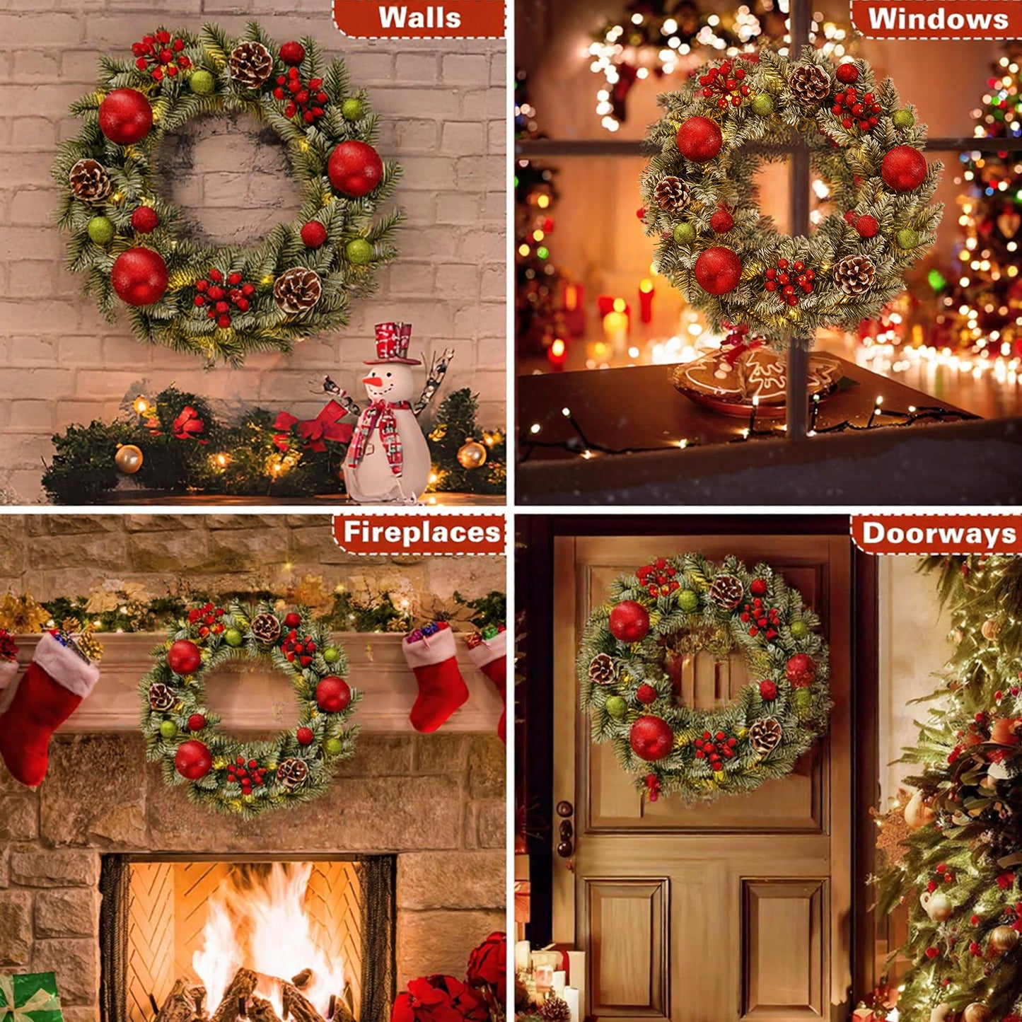 BN-LINK 24 Inch Pre-Lit Artificial Christmas Wreath, 8 Lighting Modes & 50 LED Lights & 180 Branch Tips, X-max Decoration for Home Wall Window Porch