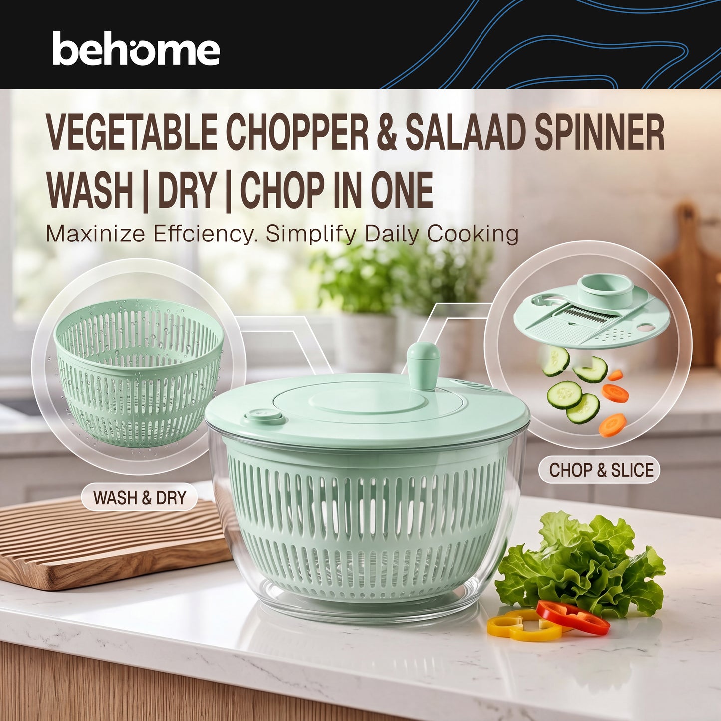 Behome Salad Spinner with Drain, 4.2 Quart Large Lettuce & Fruit Washer with 6 Blades, Multi-Use Lettuce Spinner, Vegetable Dryer for Spinning, and Draining